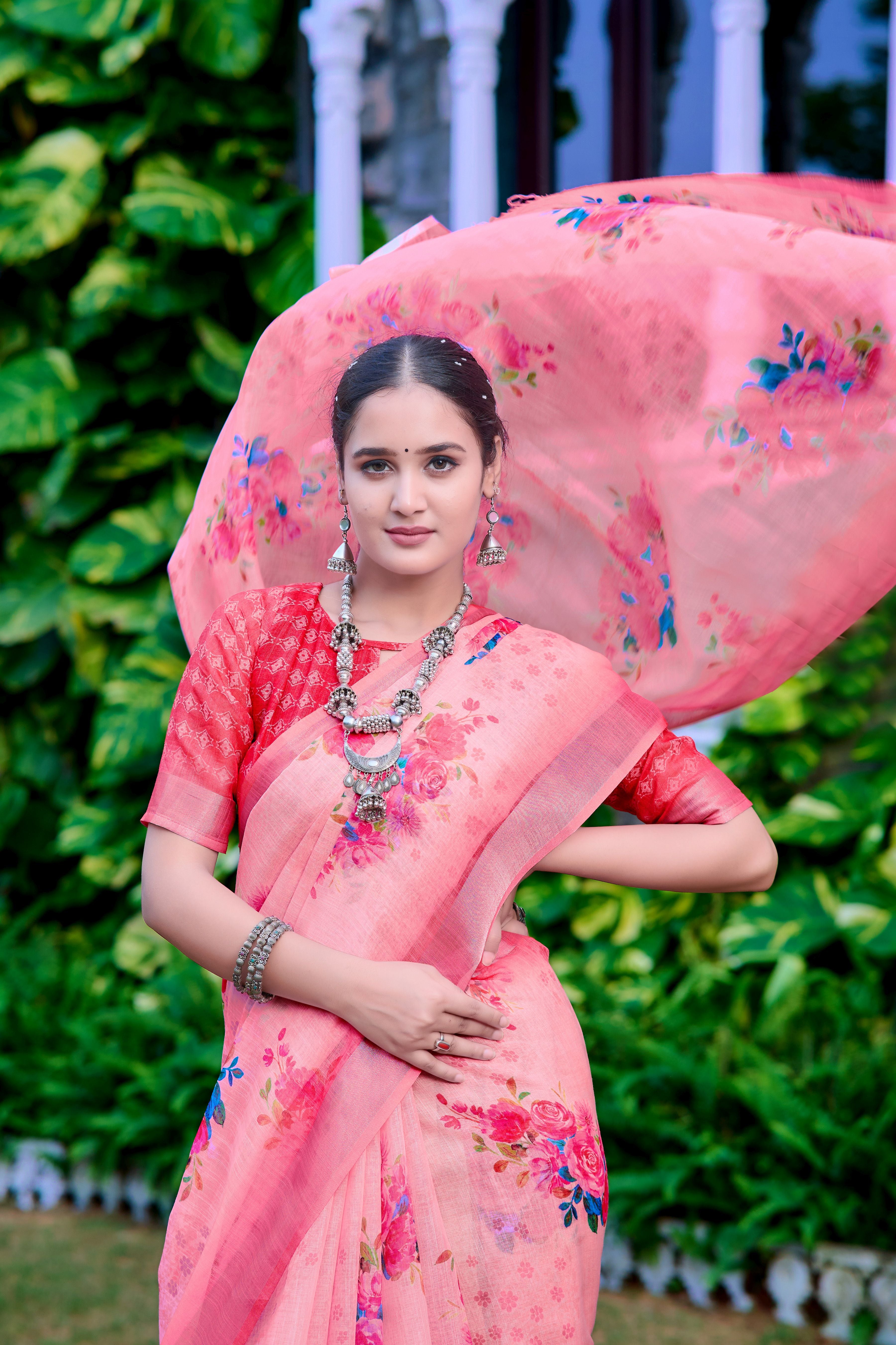 Pink Linen Cotton Designer Printed Ethnic Festive Saree