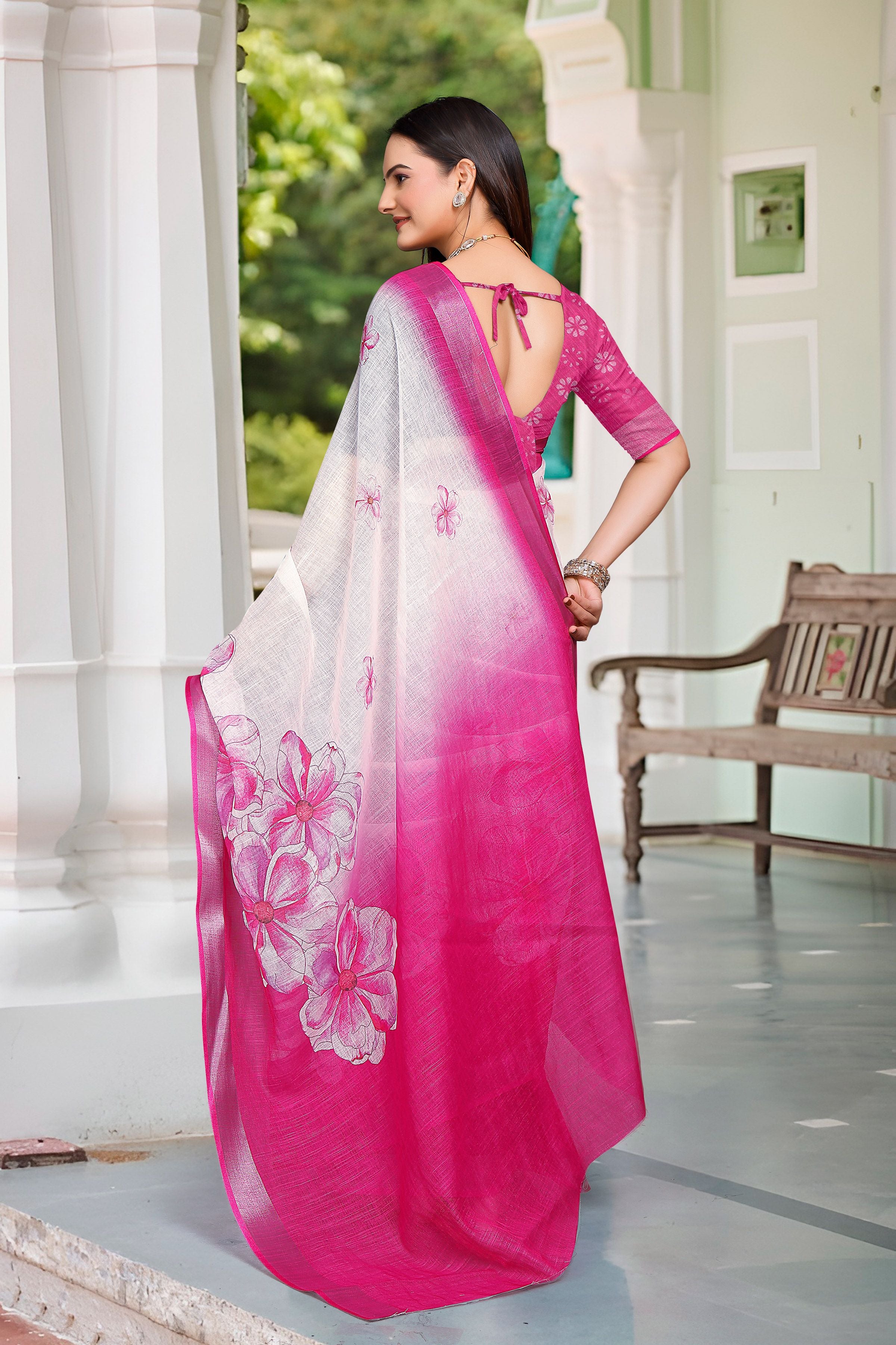 Pink Linen Cotton Woven Border Designer Printed Saree
