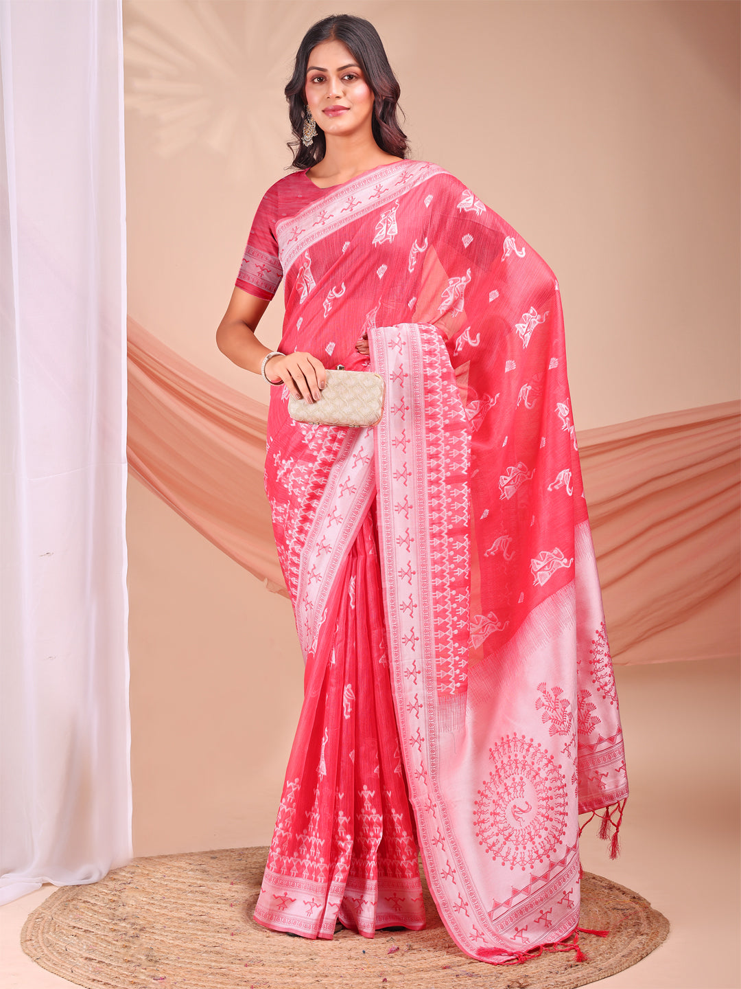 Pink Linen Cotton Woven Jacquard Designer Beautiful Partywear Saree