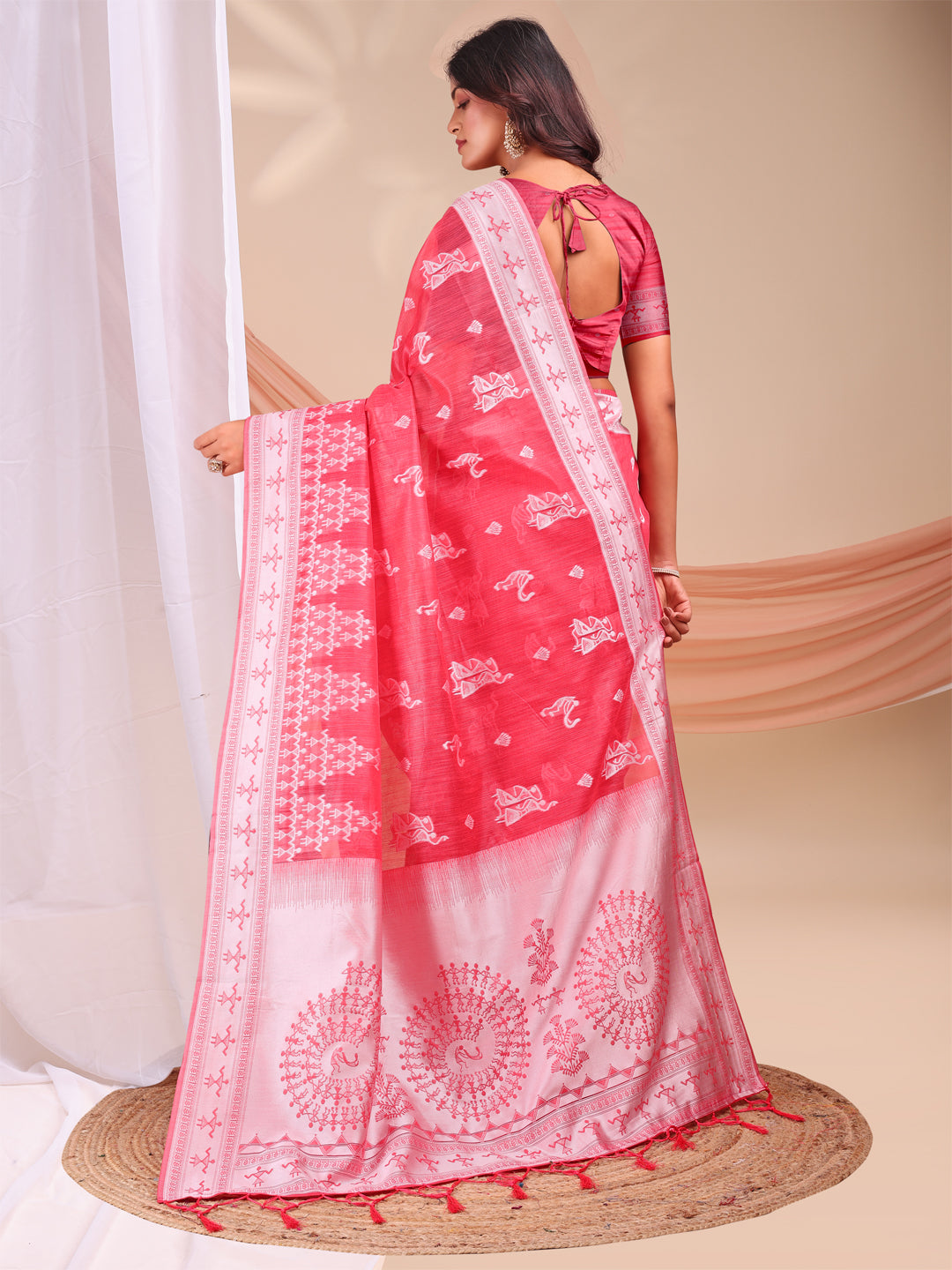 Pink Linen Cotton Woven Jacquard Designer Beautiful Partywear Saree