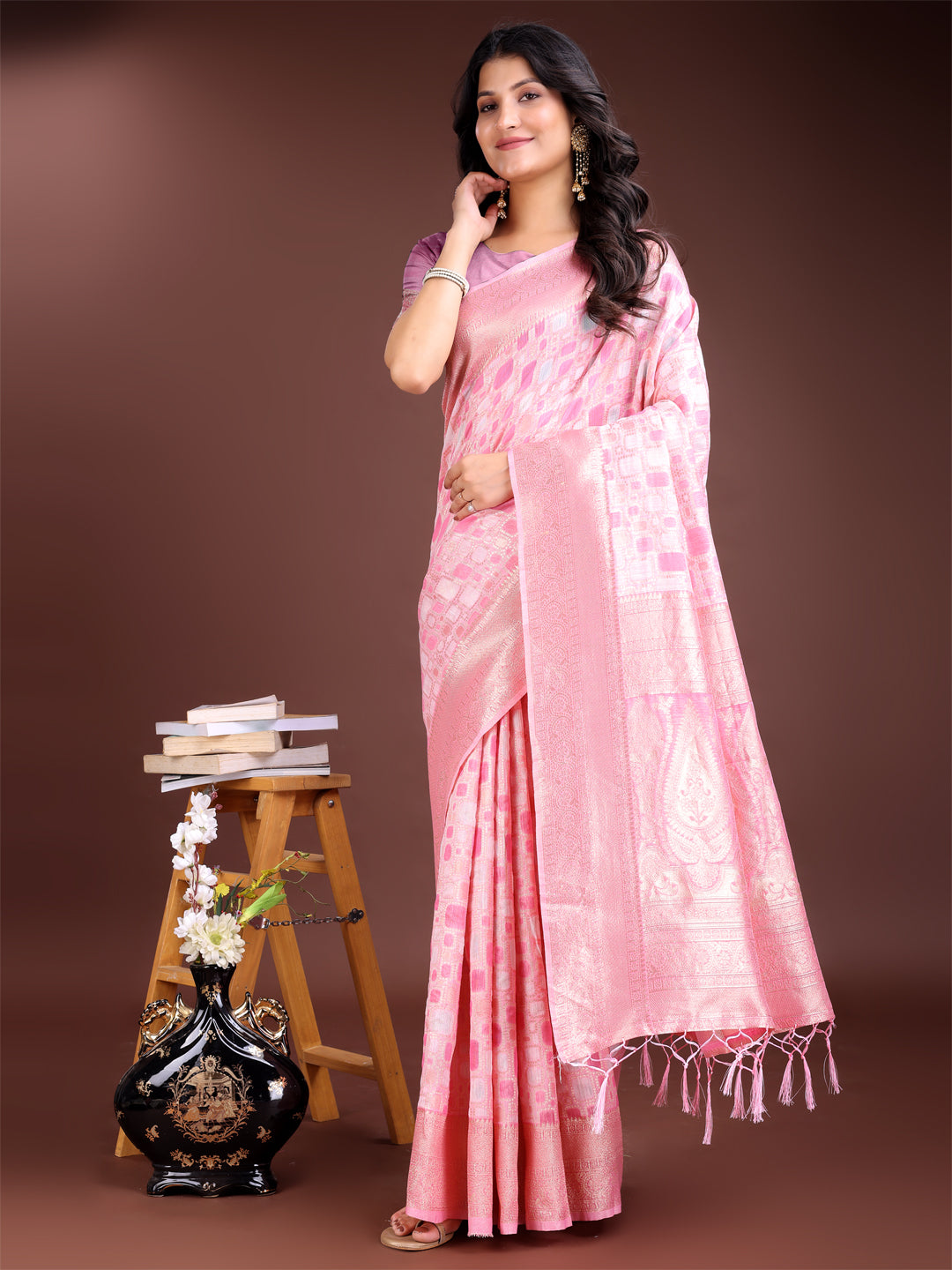 Pink Linen Cotton Woven Jacquard Designer Ehtnic Partywear Girlie Looks Saree