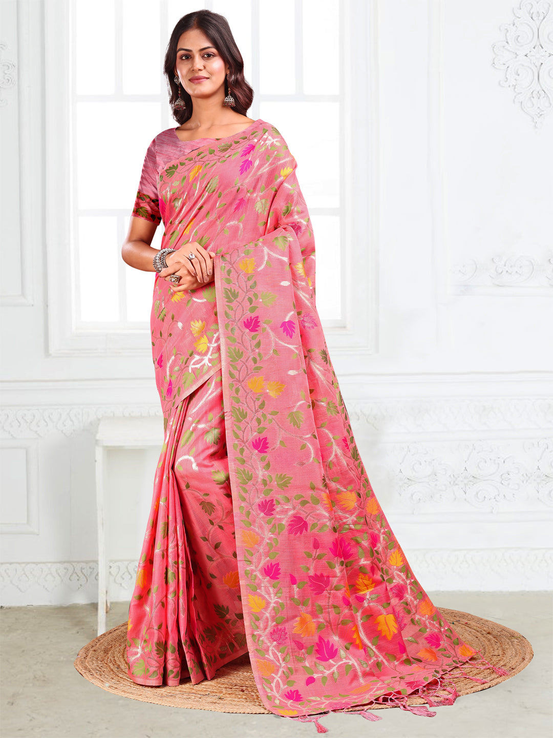 Pink Linen Cotton Woven Jacquard Designer Fancy Saree