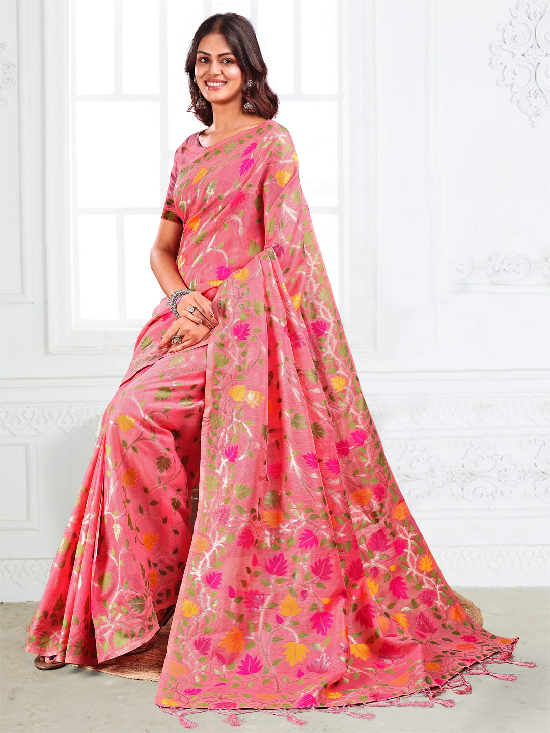 Pink Linen Cotton Woven Jacquard Designer Fancy Saree
