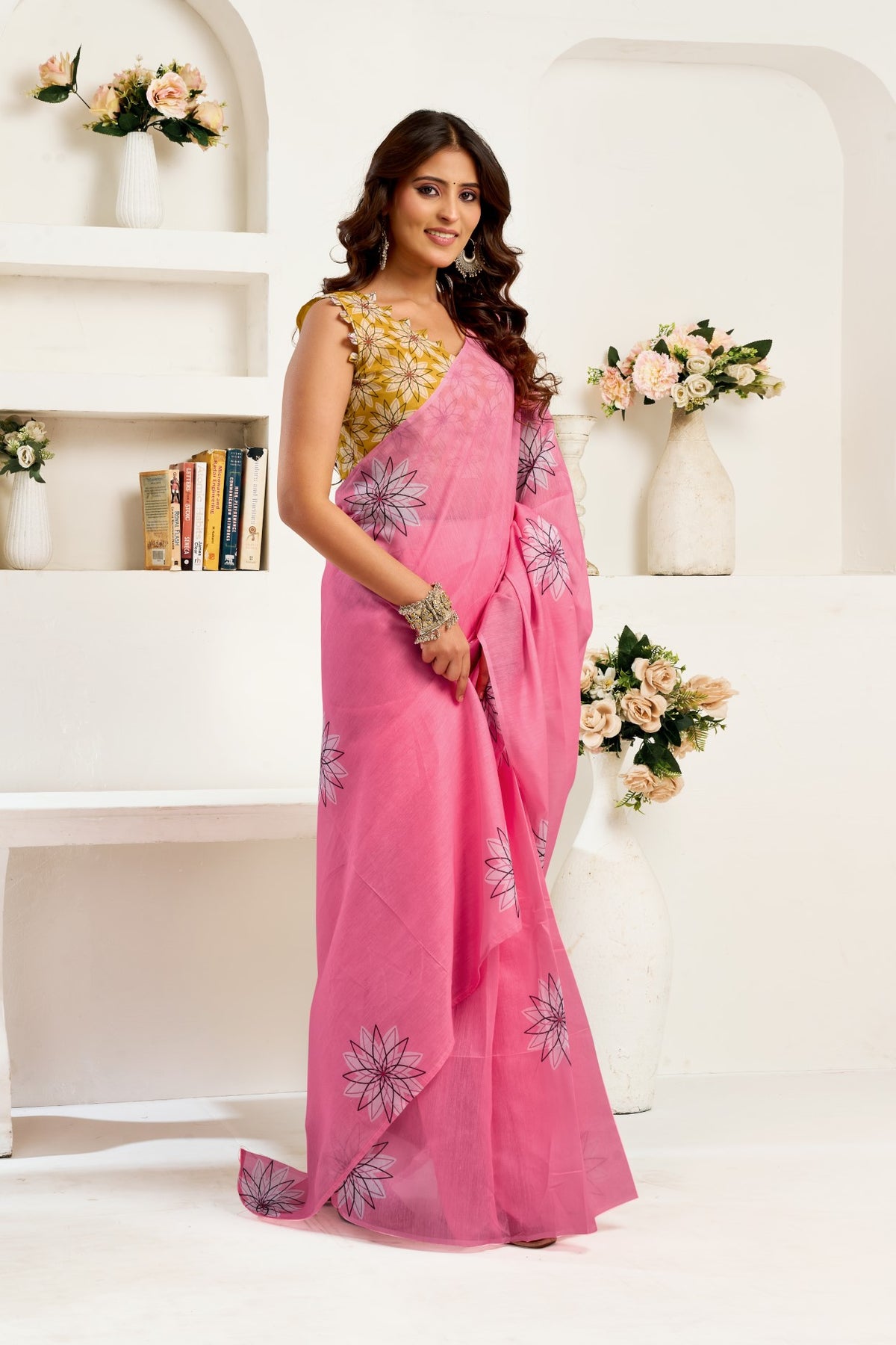 Pink Linen Ready To Wear Saree With Zari Border Printed