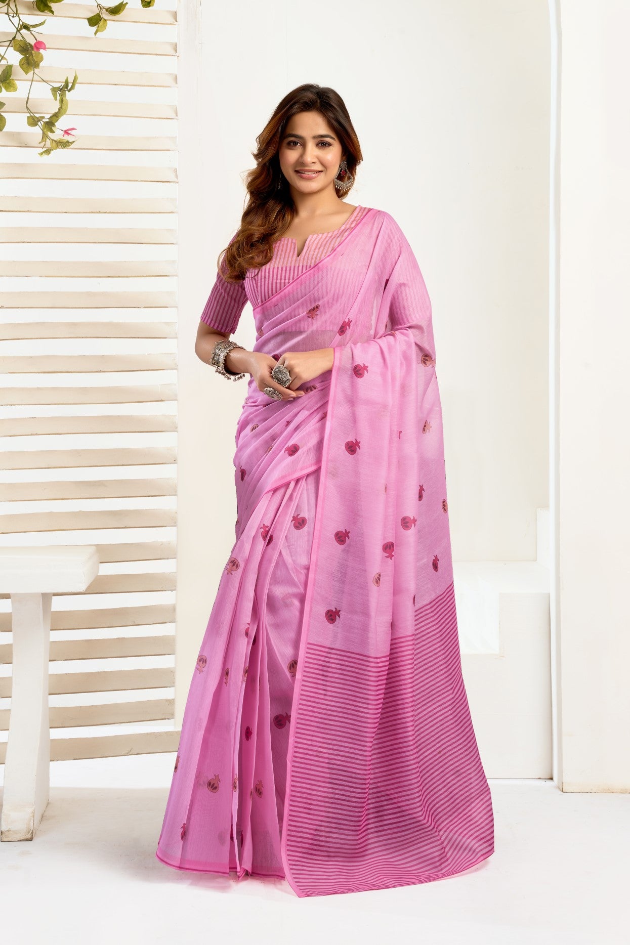 Pink Linen Ready To Wear Saree With Zari Border Printed