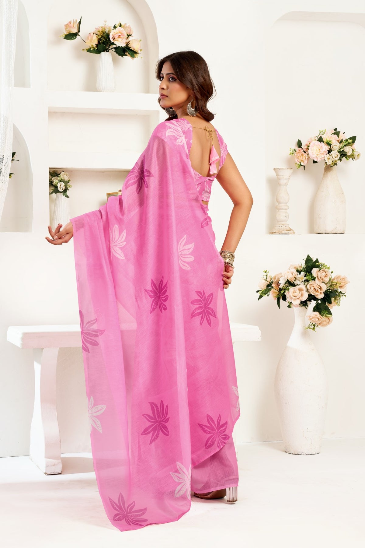 Pink Linen Ready To Wear Saree With Zari Border Printed