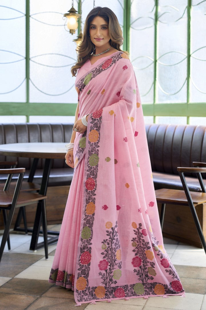 Pink Linen Saree with Designer Jacquard Woven Elegance