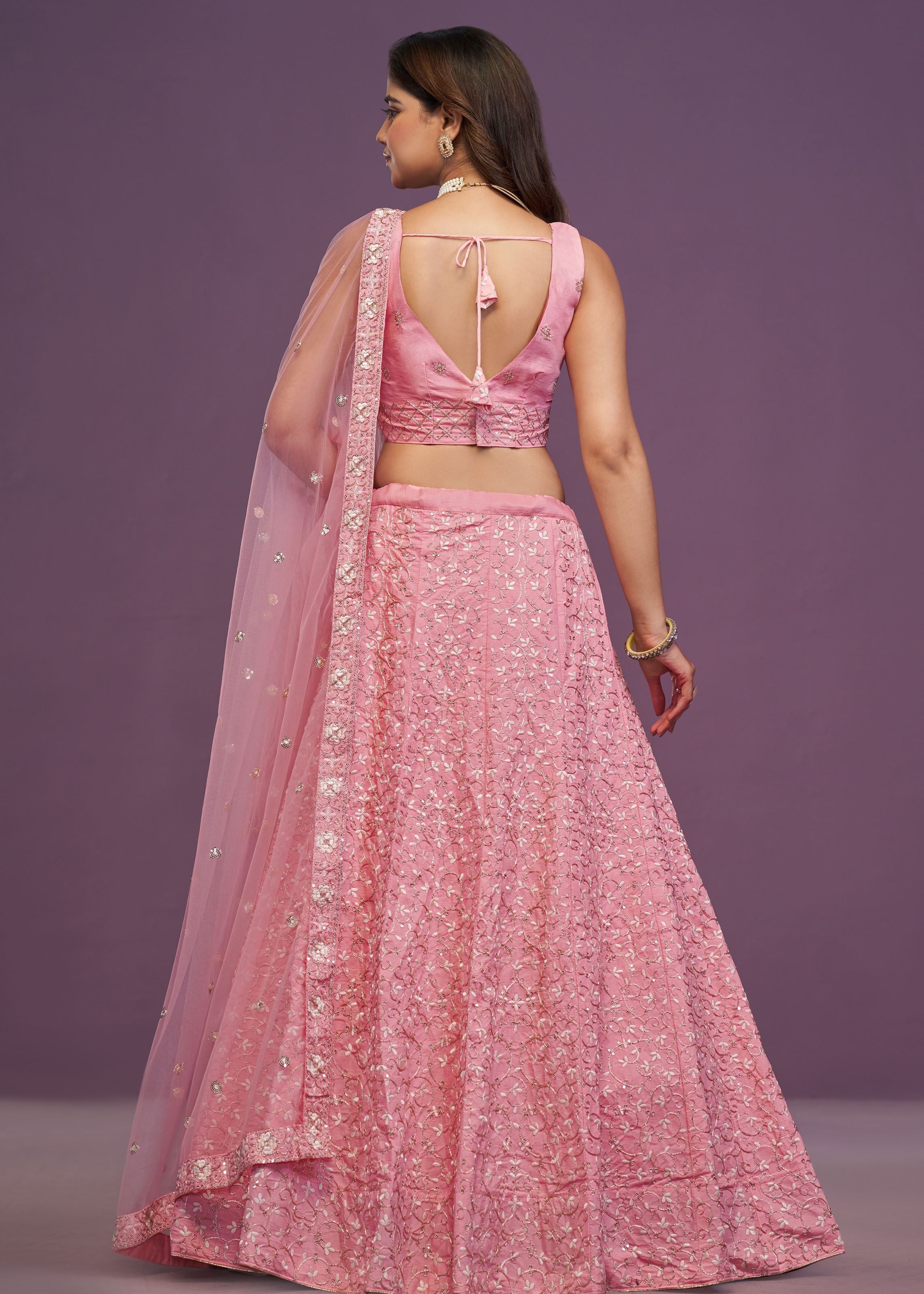 Pink Malai Silk Zari,Sequence Embroidery Work Lehenga Choli