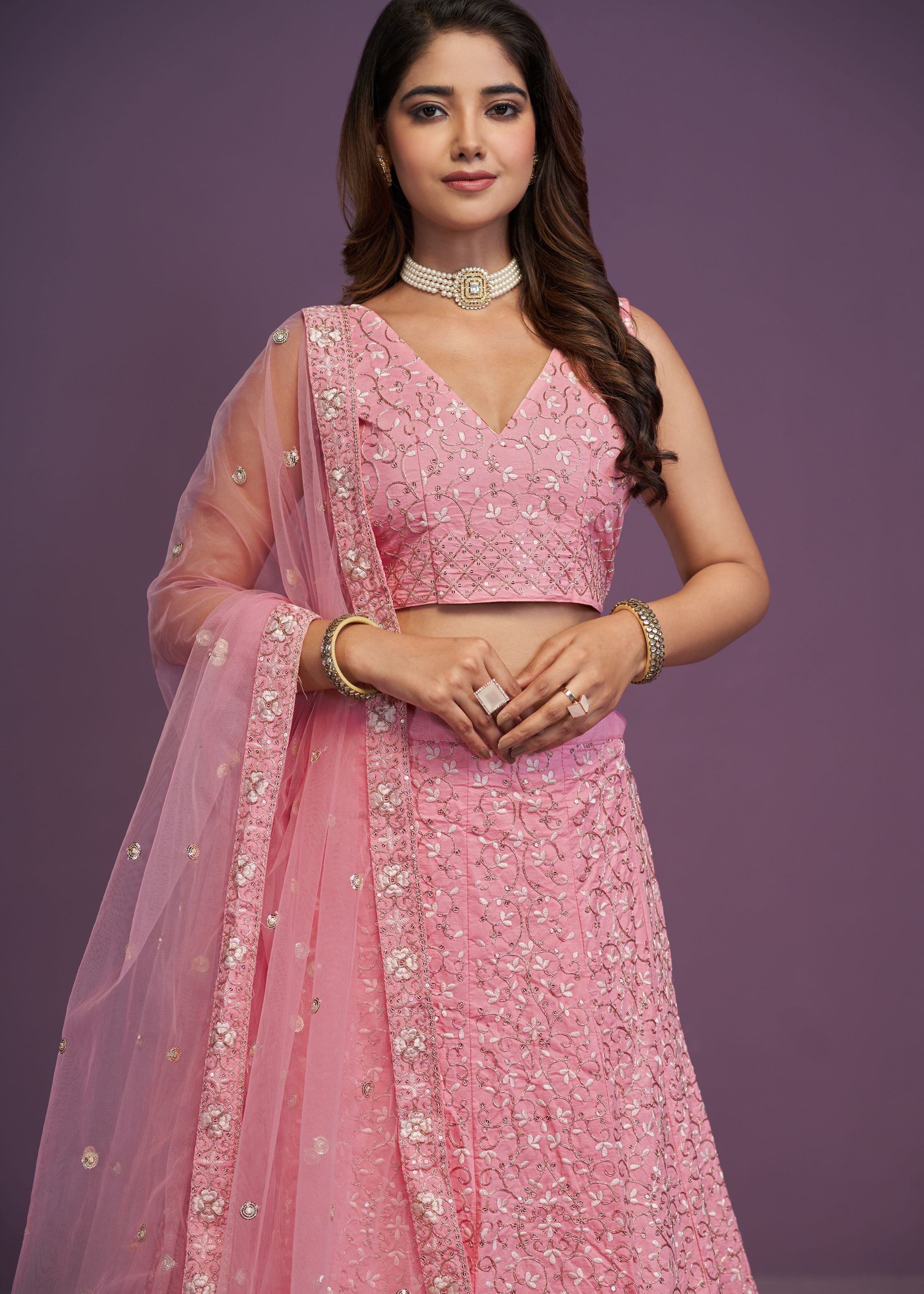 Pink Malai Silk Zari,Sequence Embroidery Work Lehenga Choli