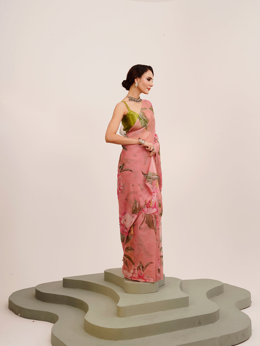 Pink Mirror Work Floral Organza Saree For Beautiful Partywear Saree