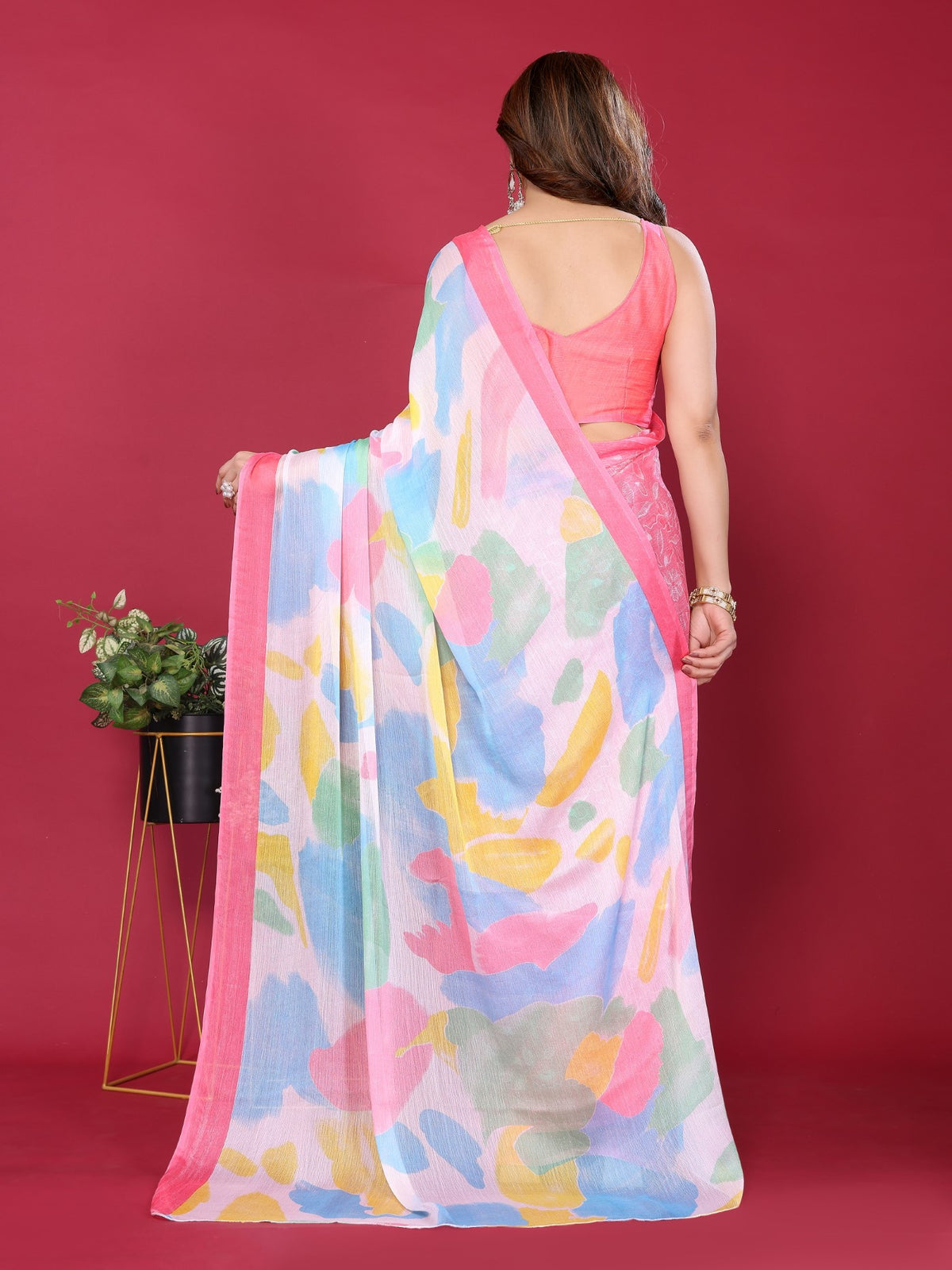 Pink Moss Chiffon Saree With Elegant Printed Design