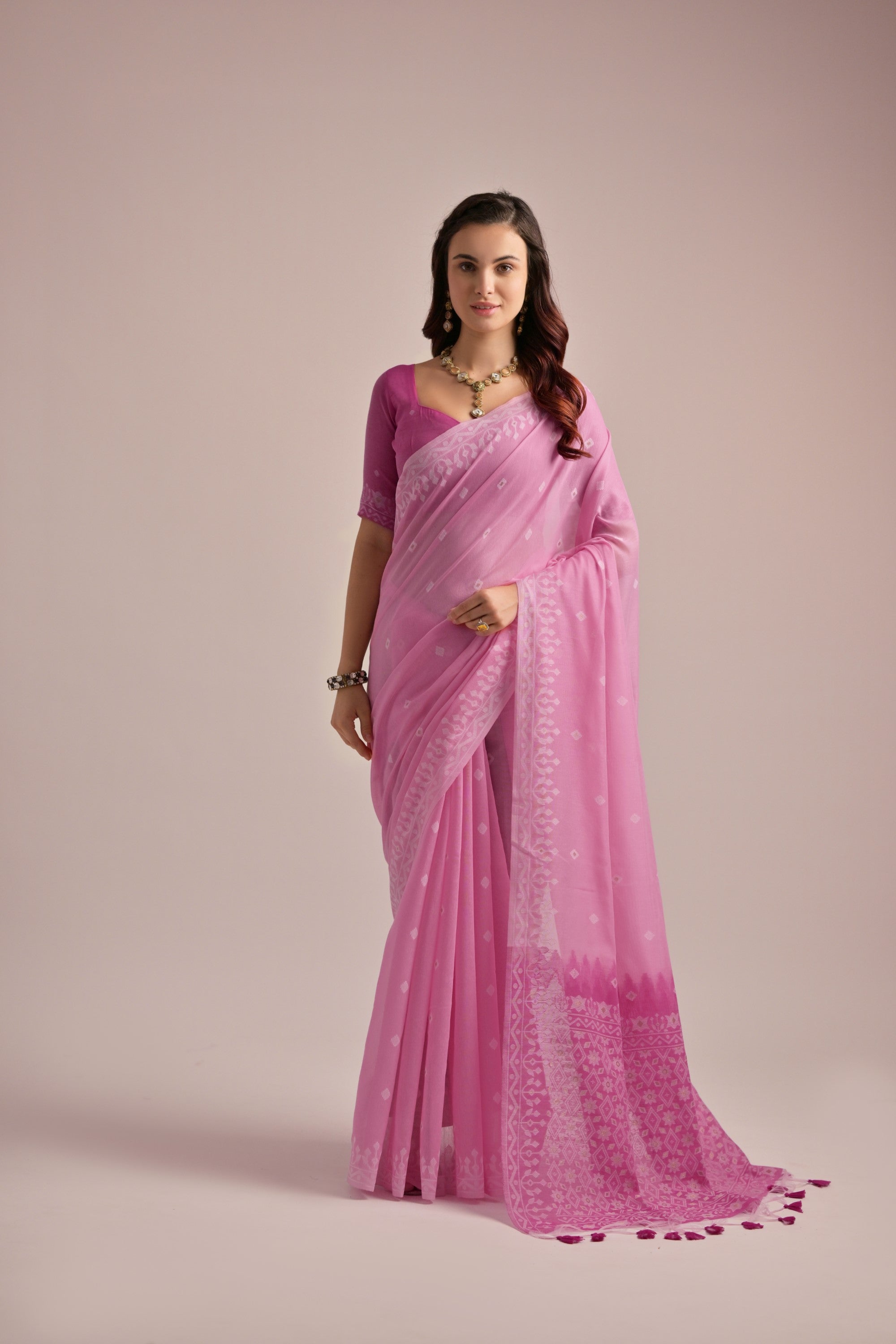 Pink Muga Cotton Saree with Thread Butti and Lakhnawi Pallu