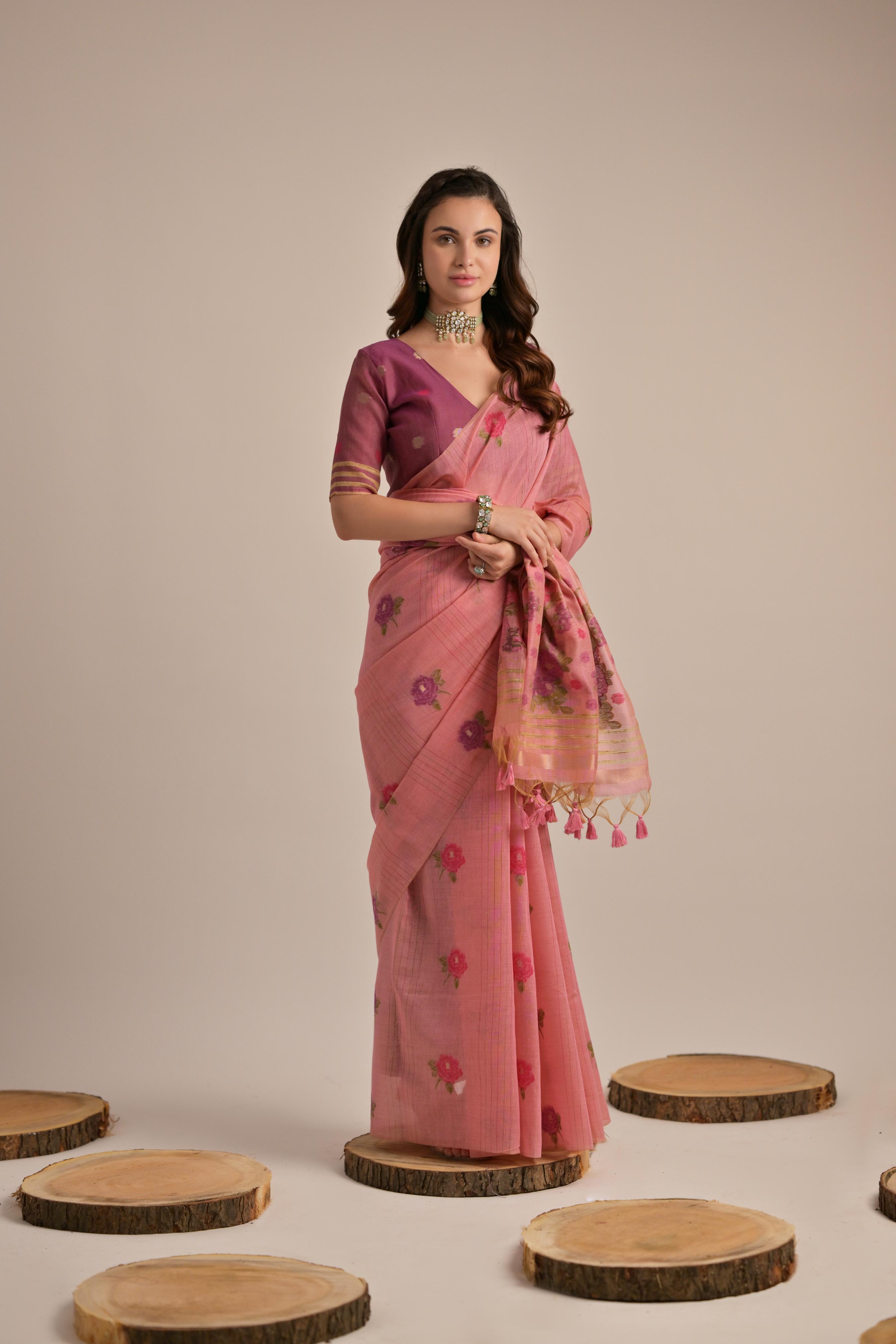 Pink Muga Cotton Saree with Thread Woven Flower Design