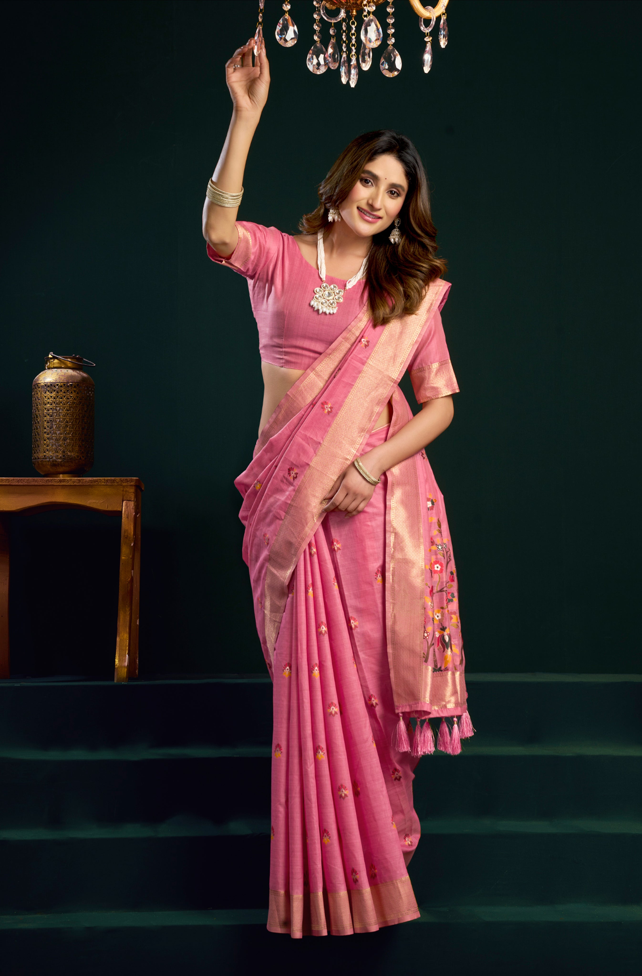Pink Munga Cotton Saree with Traditional Mina Woven Detailing