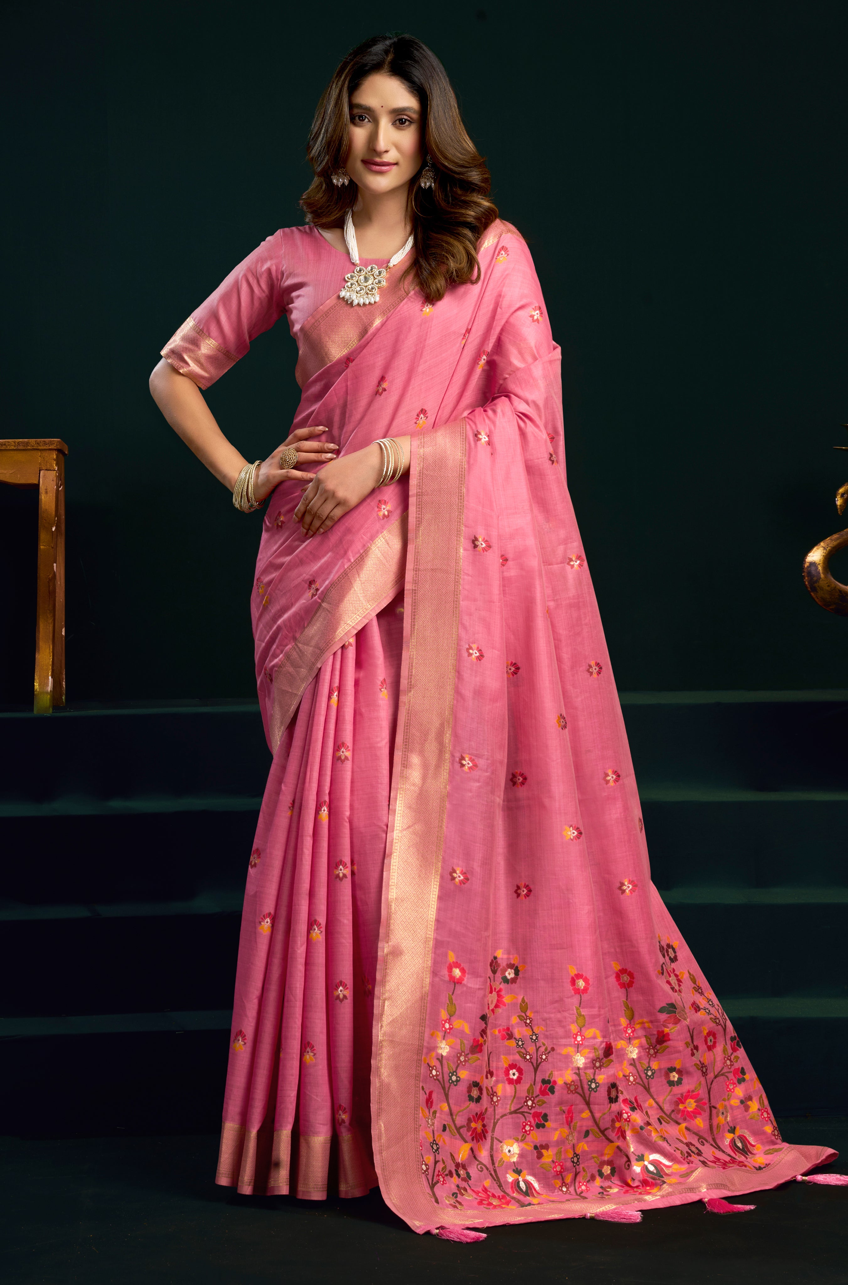 Pink Munga Cotton Saree with Traditional Mina Woven Detailing