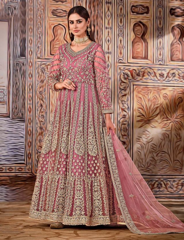 Pink Net Heavy Thread Embroidery And Zari Work Anarkali Suits