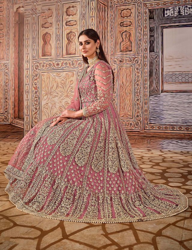 Pink Net Heavy Thread Embroidery And Zari Work Anarkali Suits