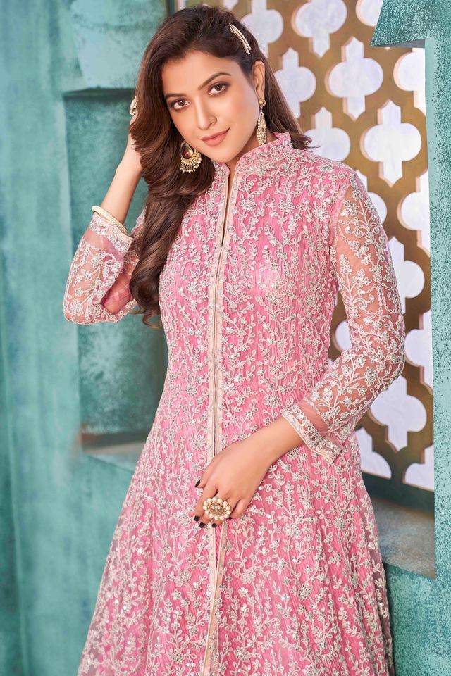 Pink Net Heavy Thread Embroidery With Sequins Work Anarkali Suits