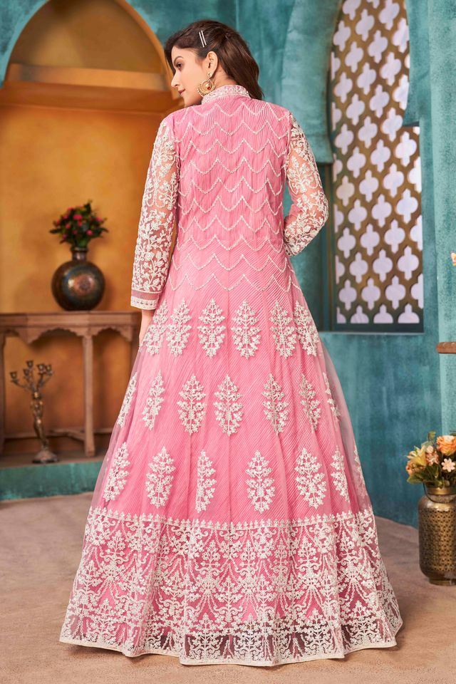 Pink Net Heavy Thread Embroidery With Sequins Work Anarkali Suits