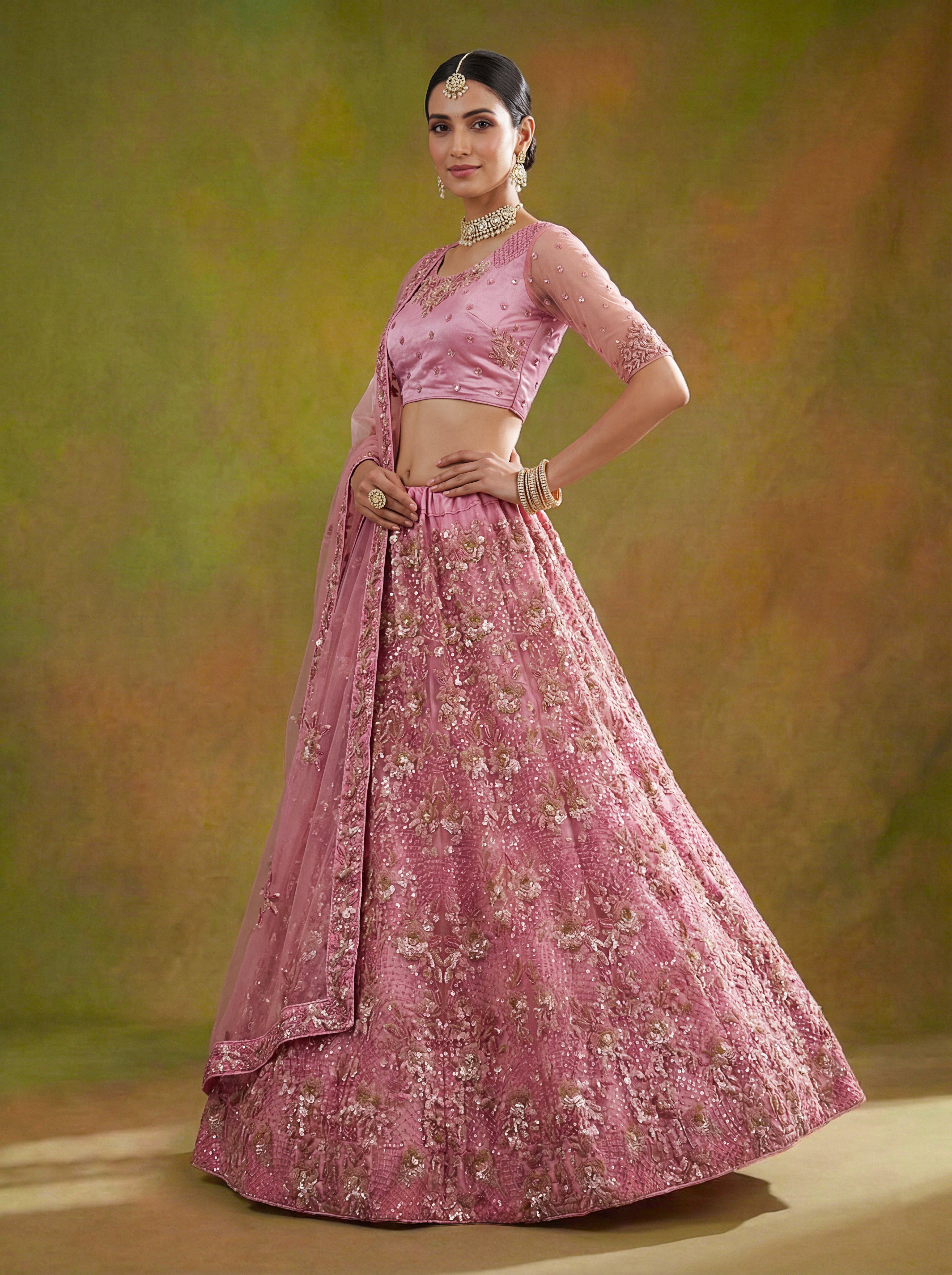 Pink Net Lehenga Choli With Fancy Multi Heavy Thread Embroidery With Sequins Work