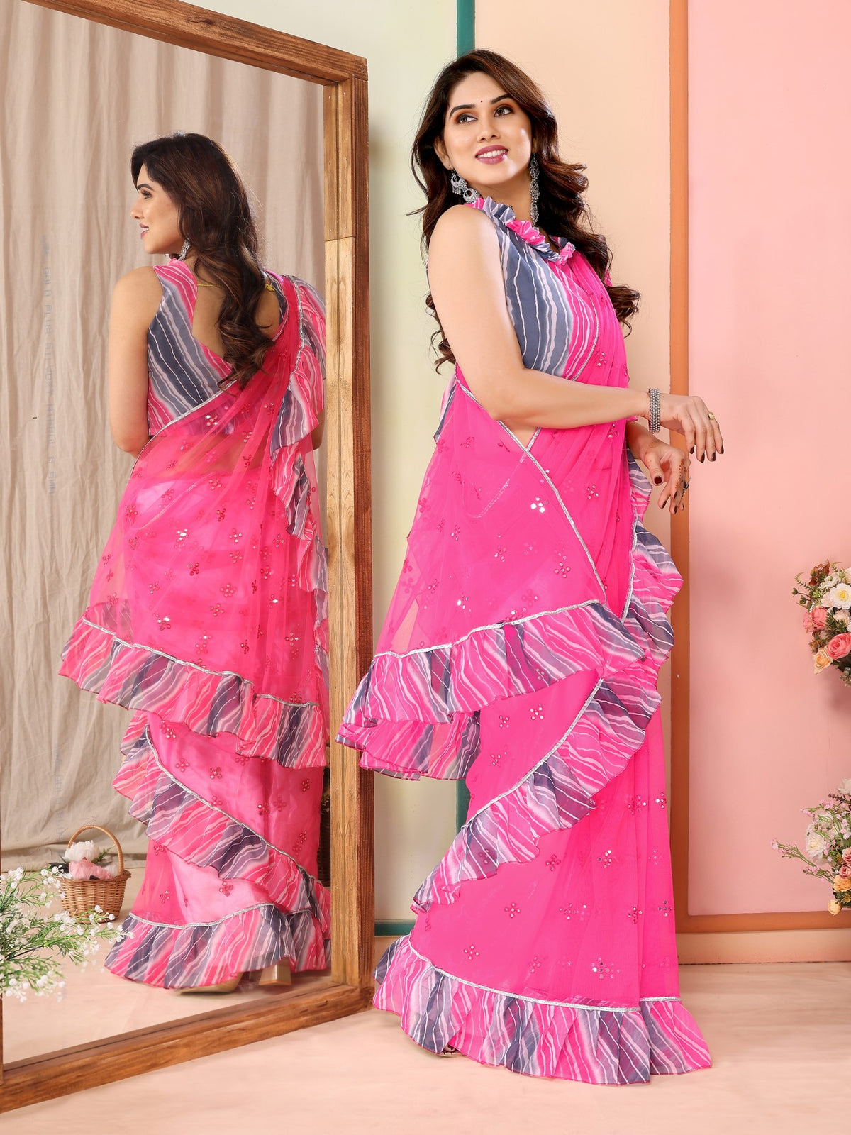 Pink Net Saree with Mirror Work & Ruffle with Leheriya Blouse