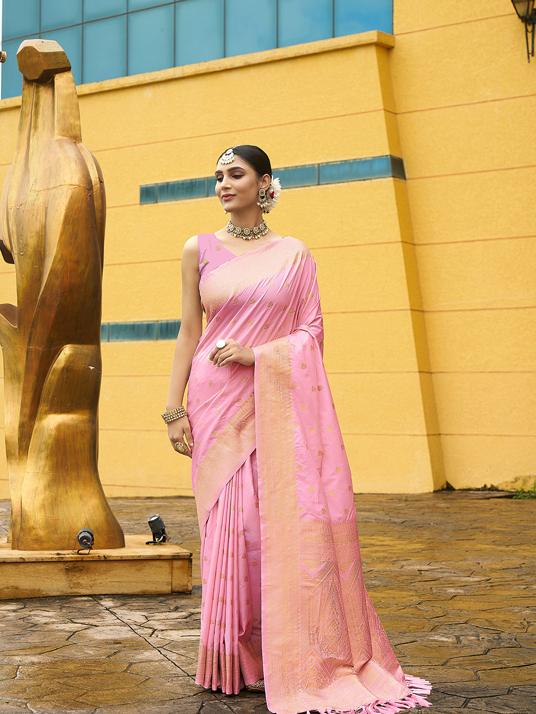 Pink Nylon Banarasi Woven Jacquard Designer Ethnic Indian Traditional Look Saree