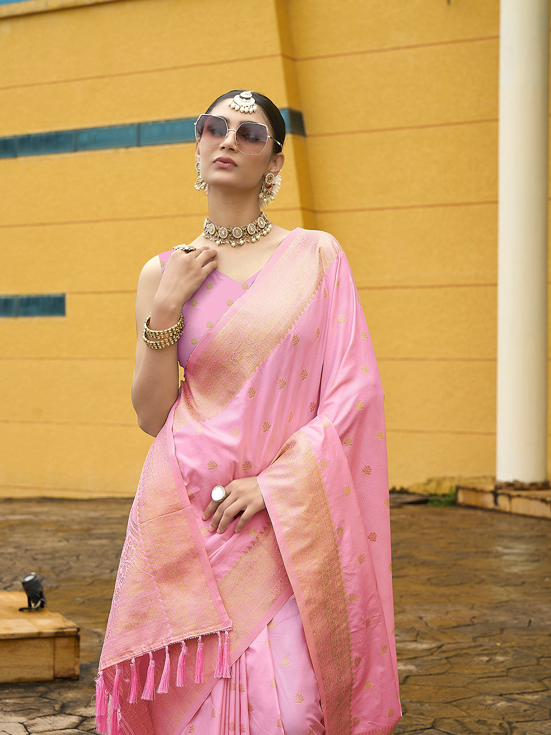 Pink Nylon Banarasi Woven Jacquard Designer Ethnic Indian Traditional Look Saree