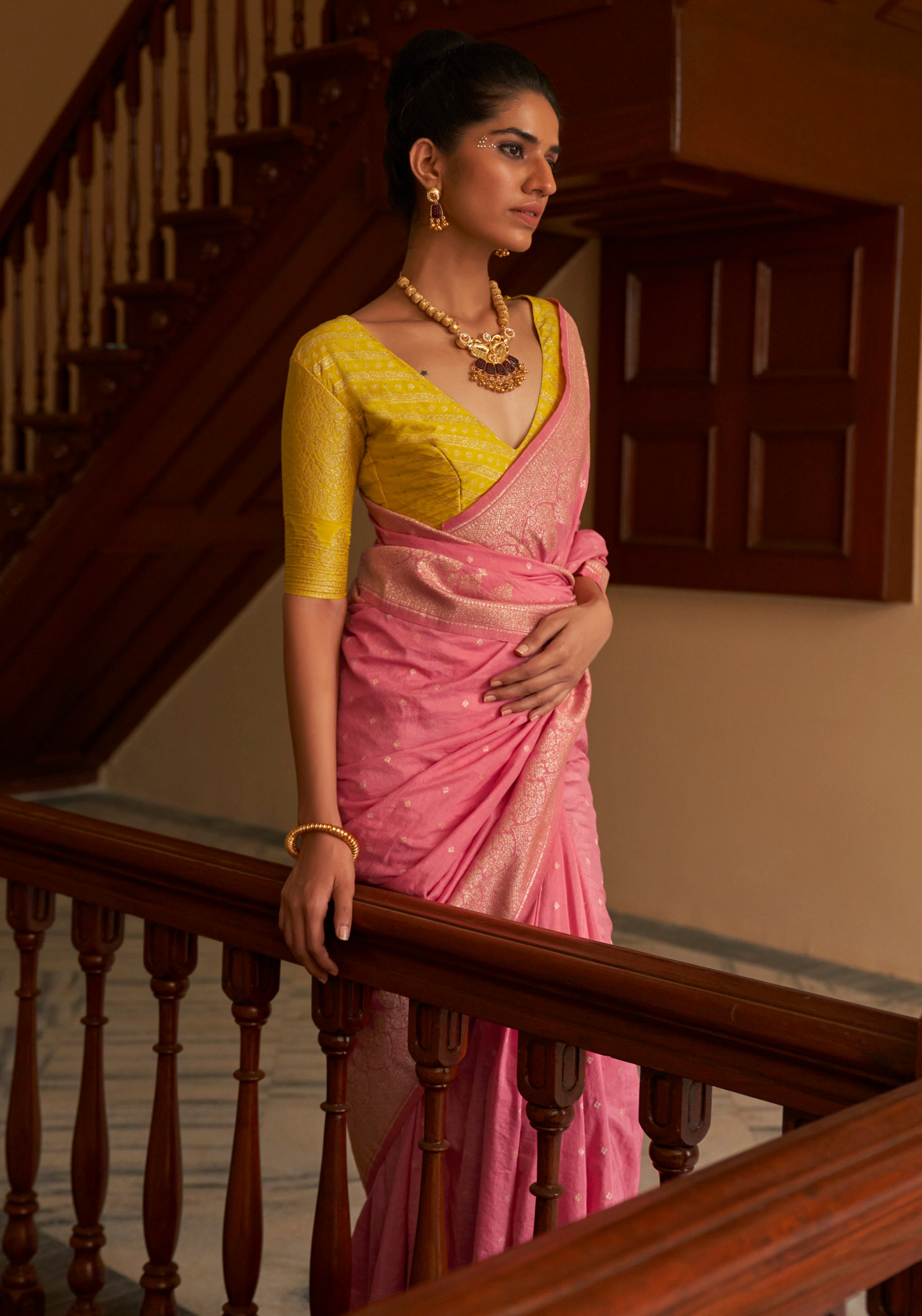 Pink Nylon Saree With Jacquard Woven Work