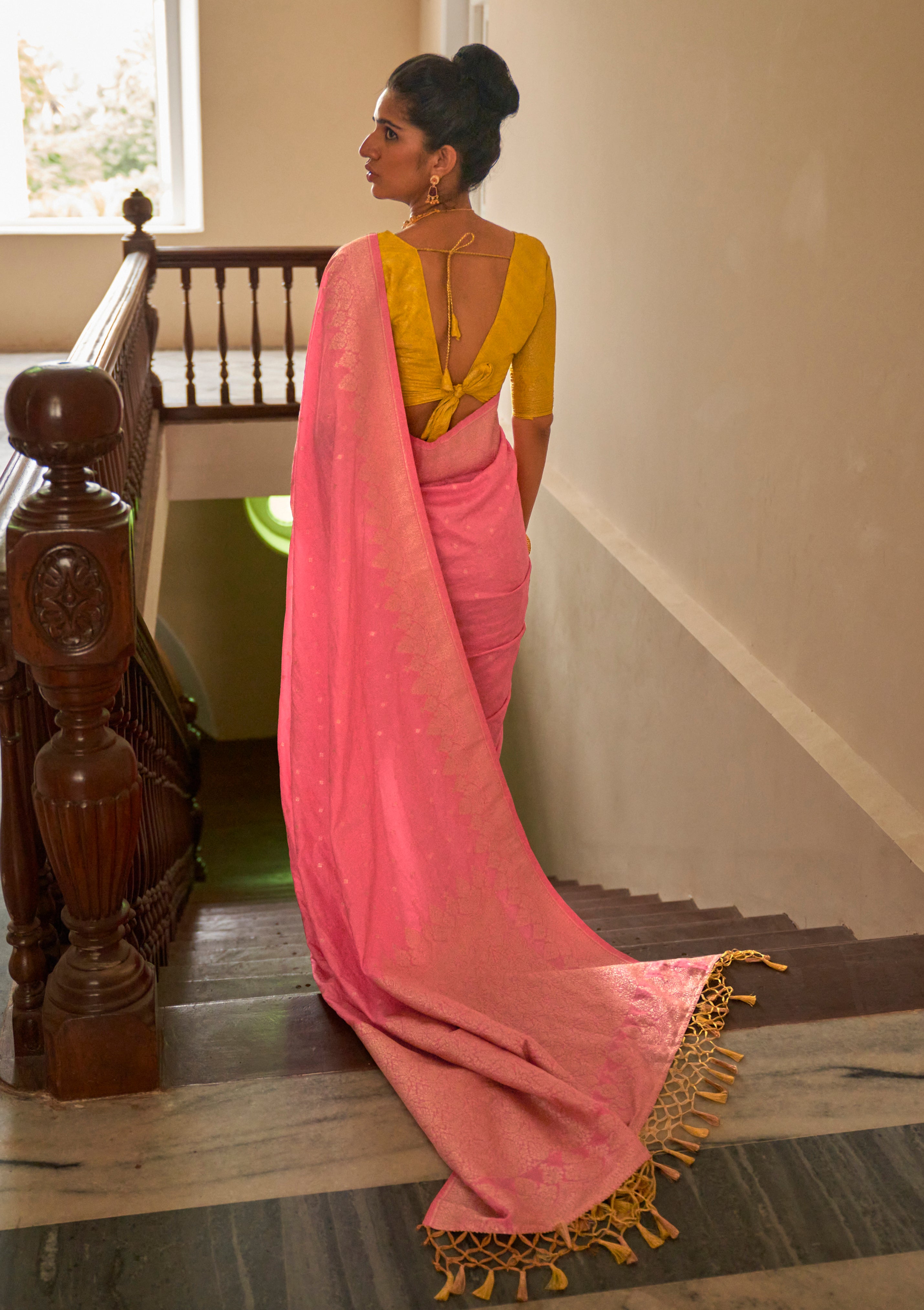 Pink Nylon Saree With Jacquard Woven Work