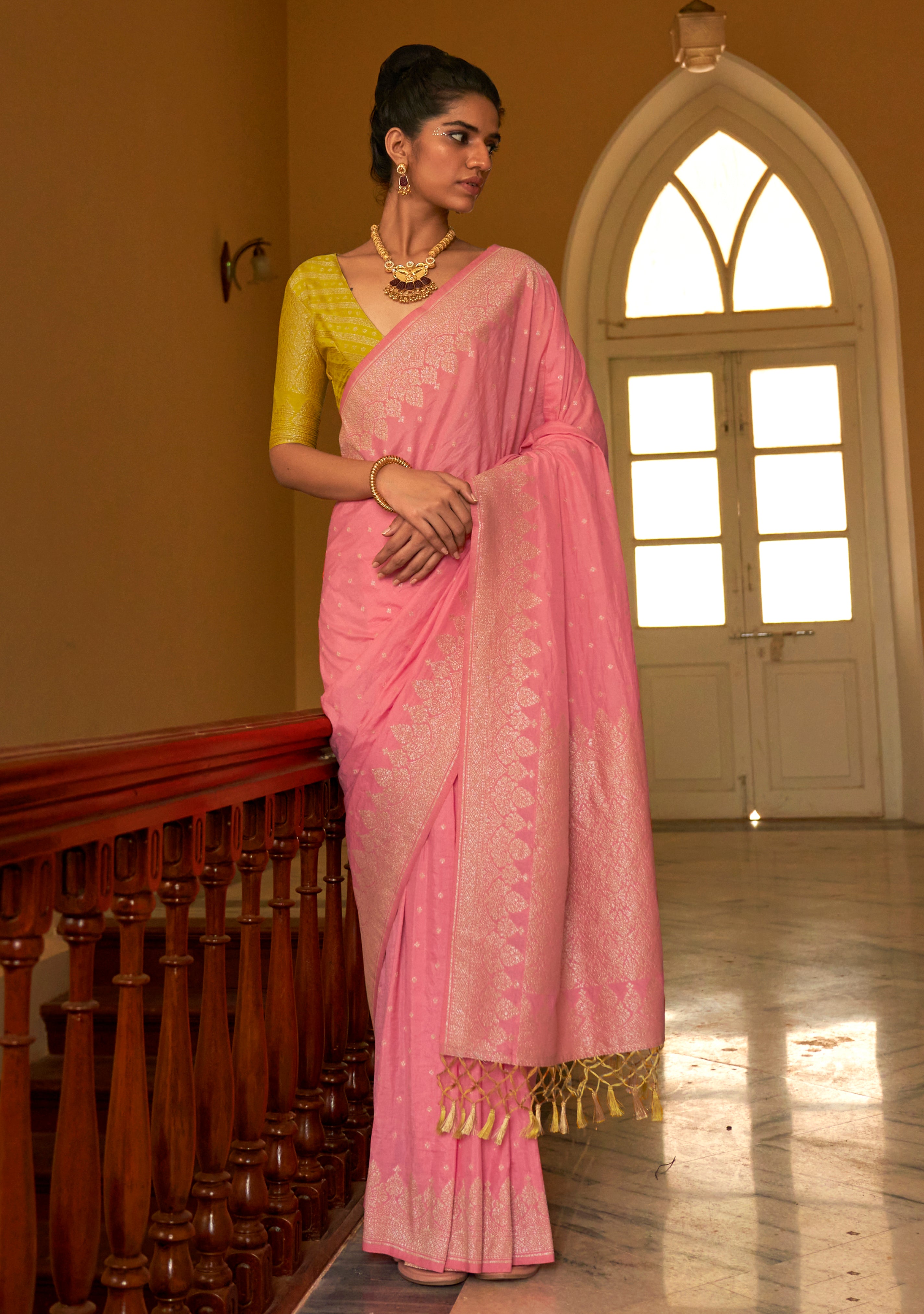 Pink Nylon Saree With Jacquard Woven Work