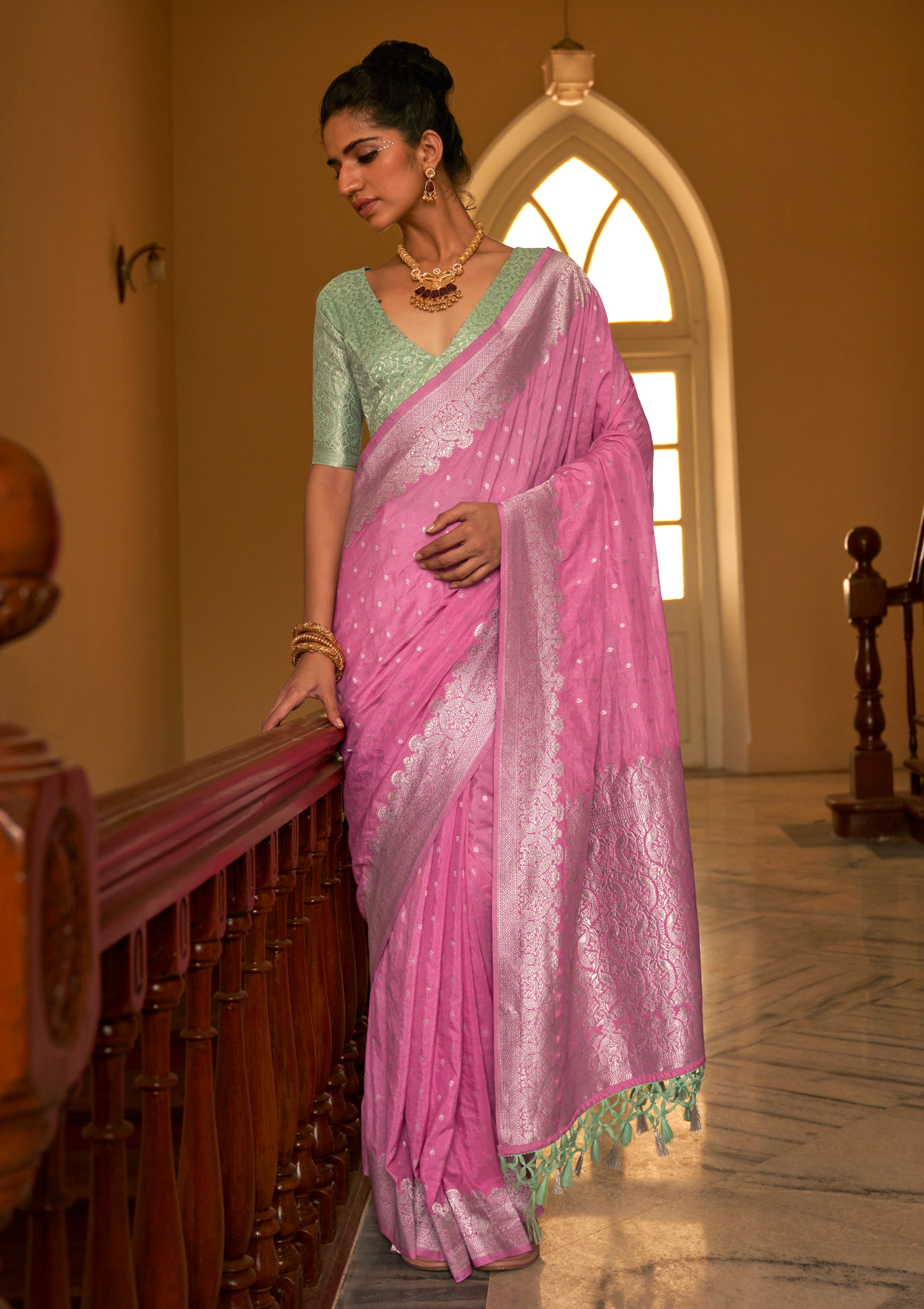Pink Nylon Saree With Jacquard Woven Work