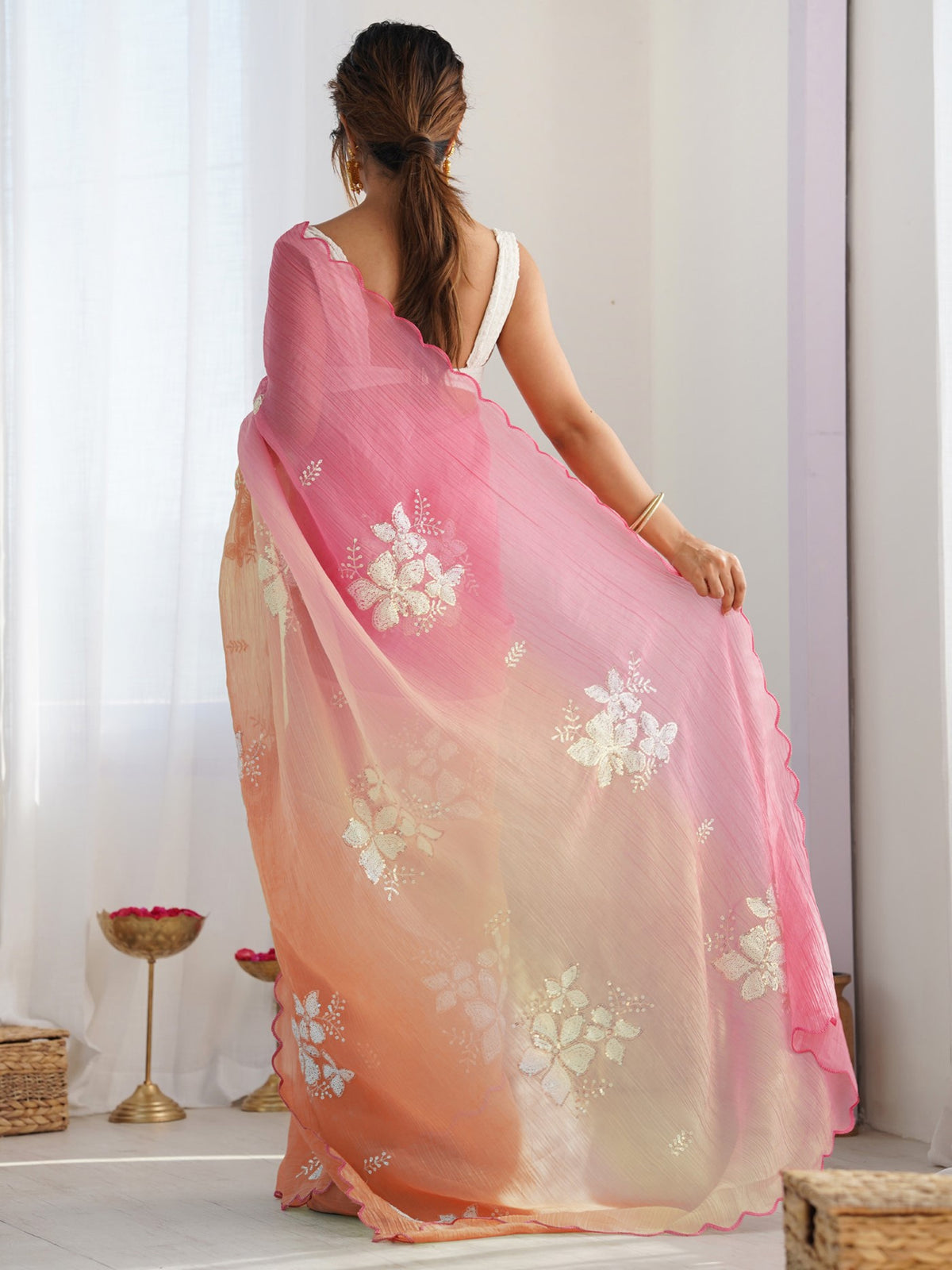 Pink Orange Gold Crush Saree With Embroidery Work