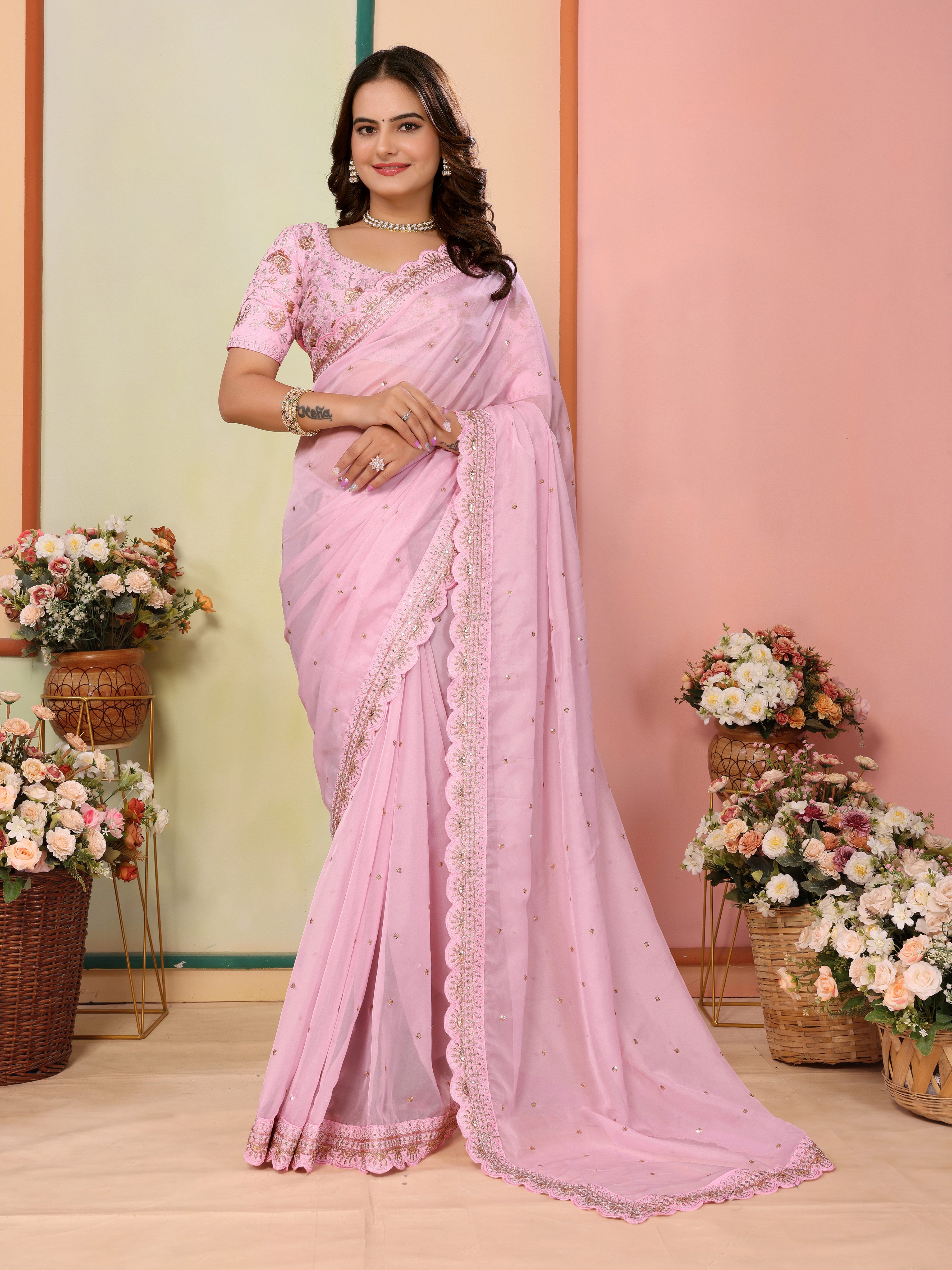 Pink Organza Designer Embroidery Work Patywear Saree