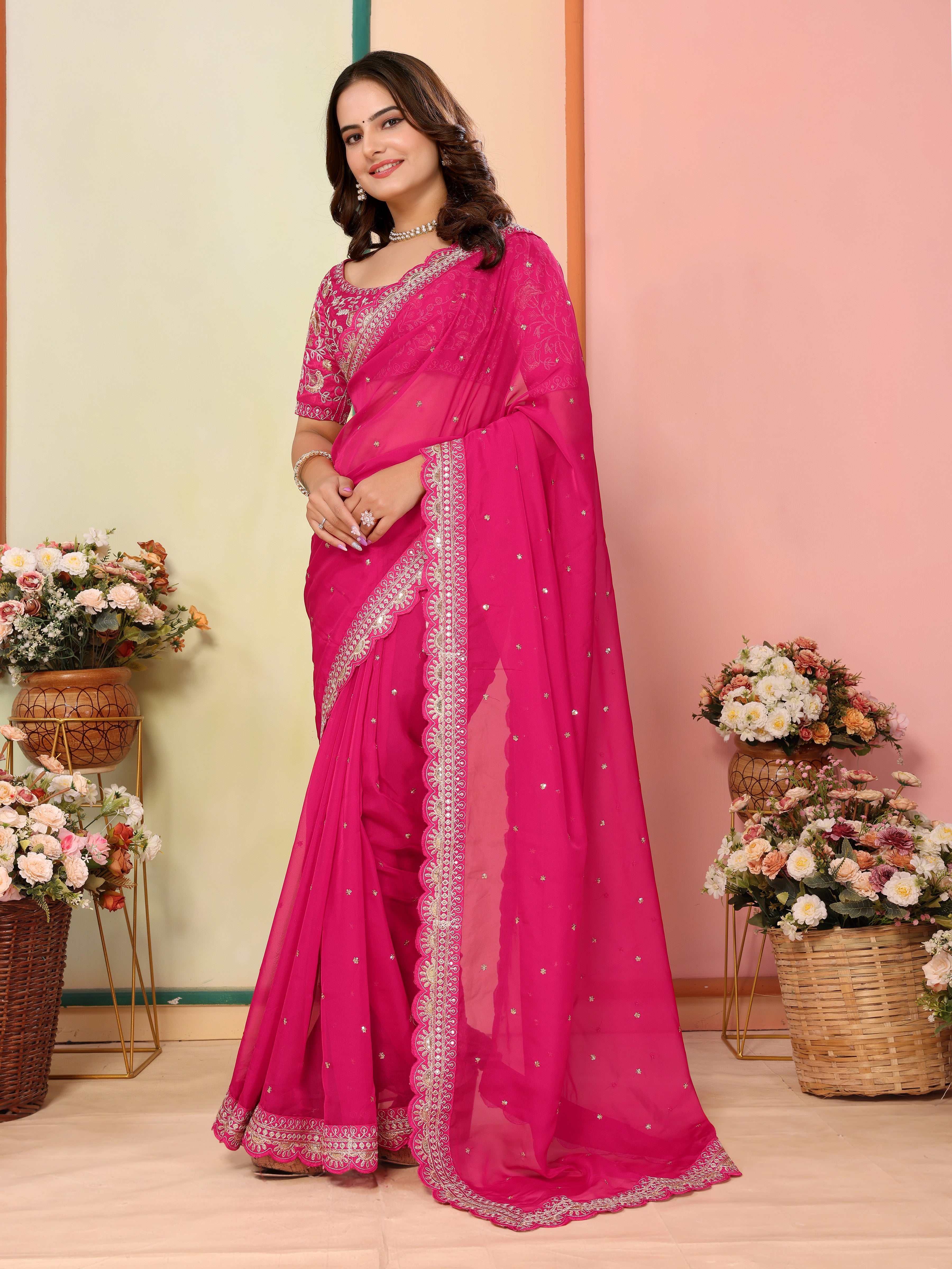 Pink Organza Designer Embroidery Work Patywear Saree