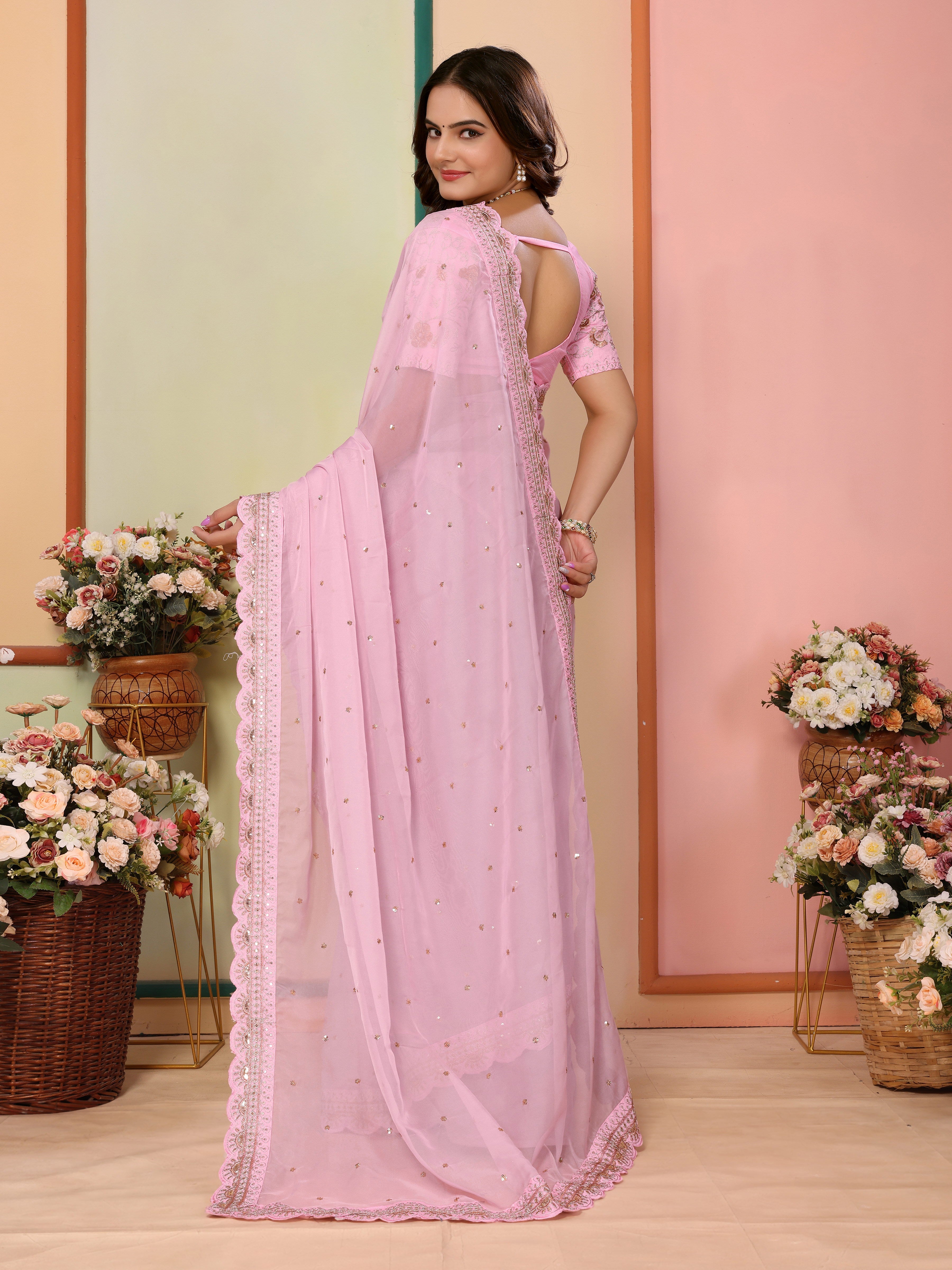 Pink Organza Designer Embroidery Work Patywear Saree