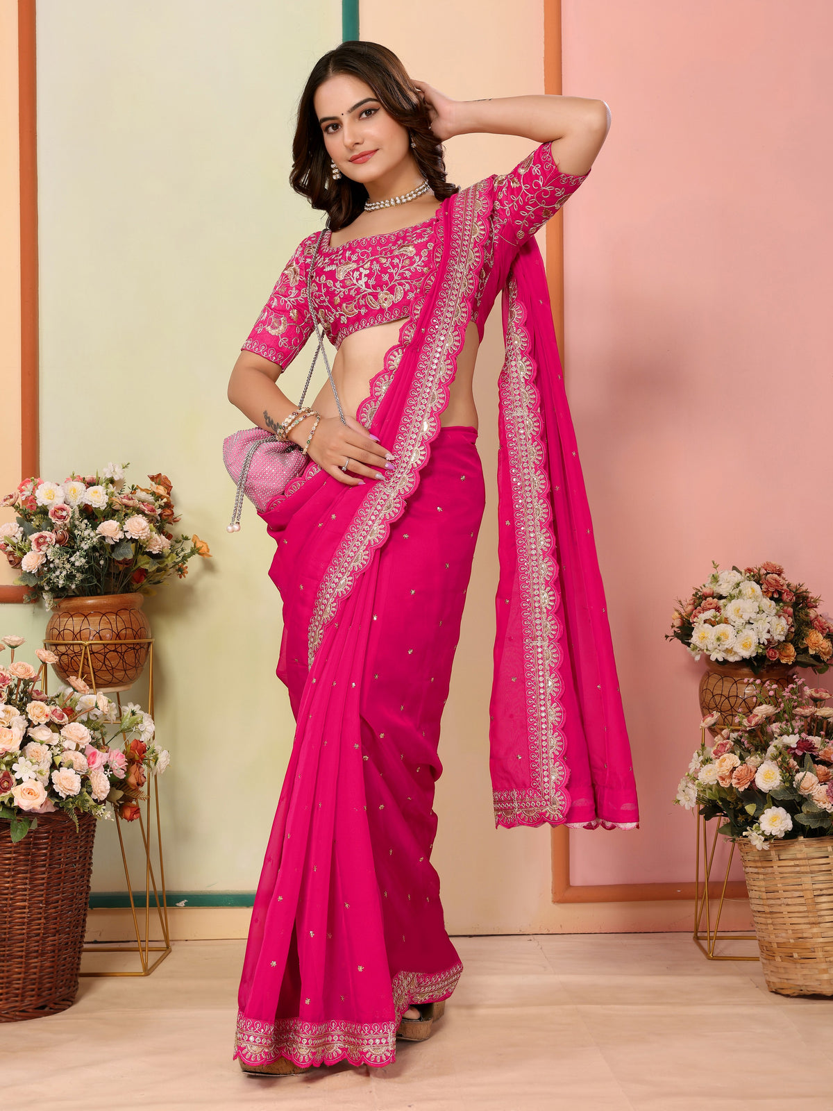 Pink Organza Designer Embroidery Work Patywear Saree