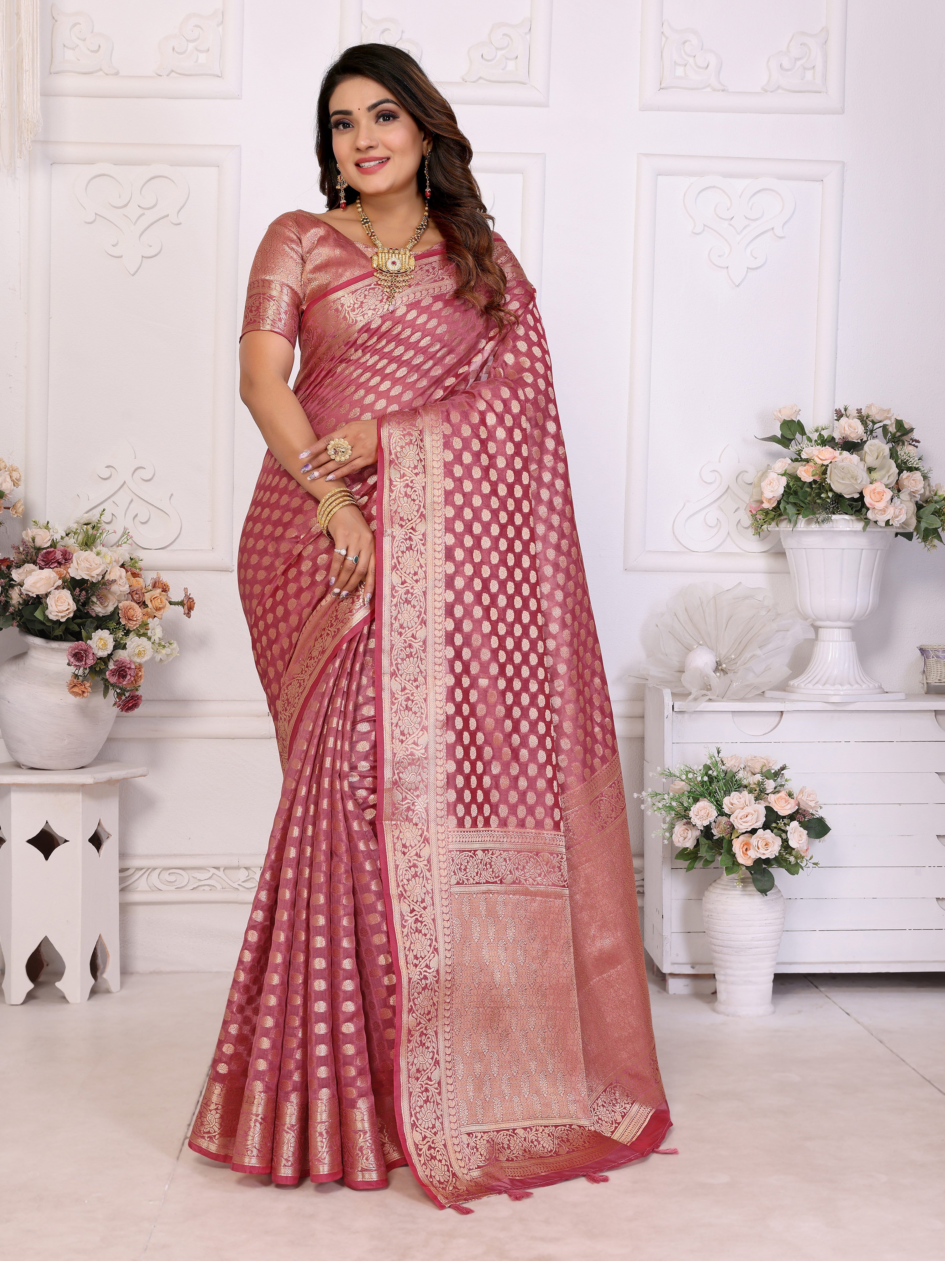 Pink Organza Gold Zari Designer Ceremonial Saree