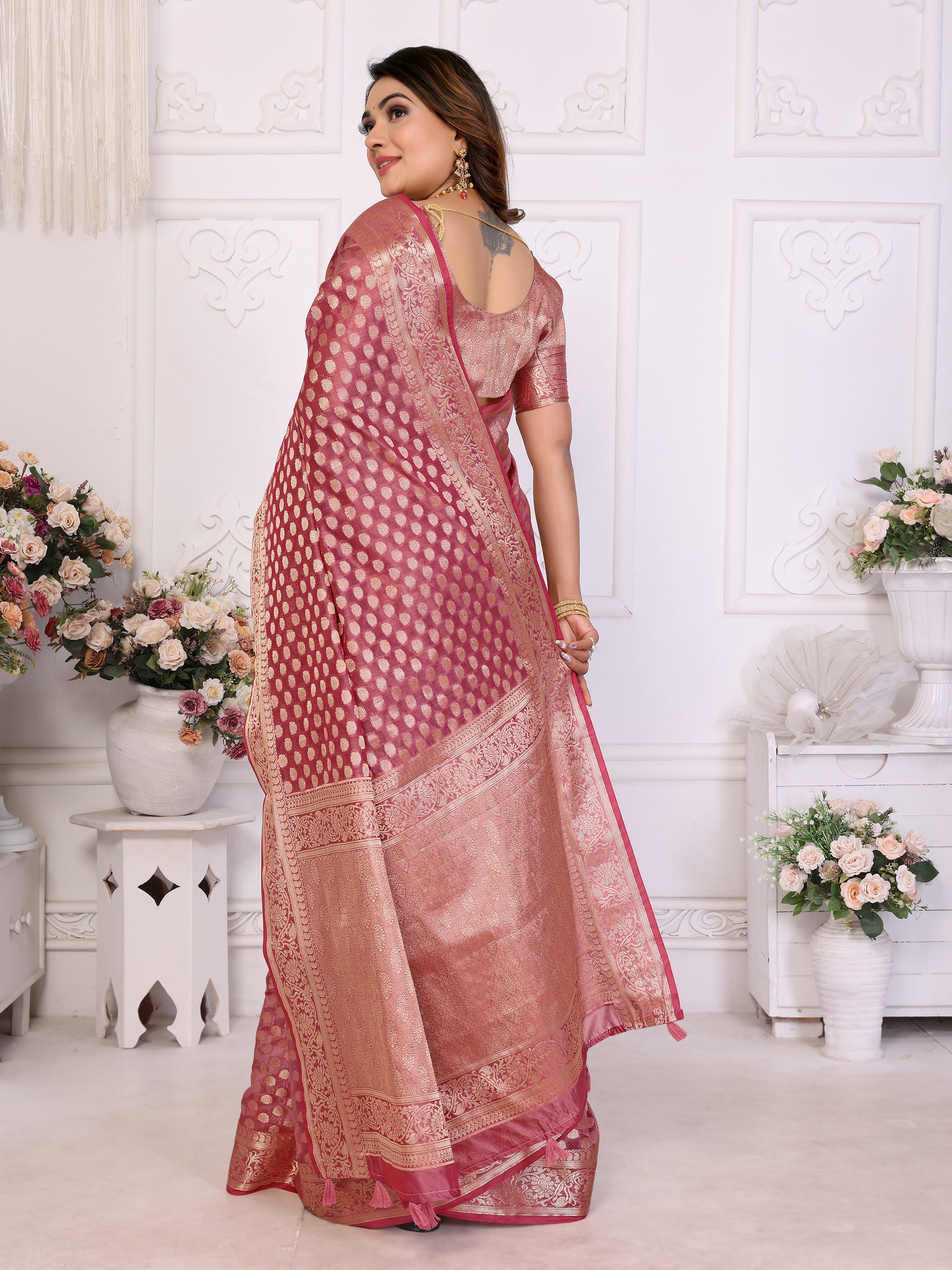 Pink Organza Gold Zari Designer Ceremonial Saree