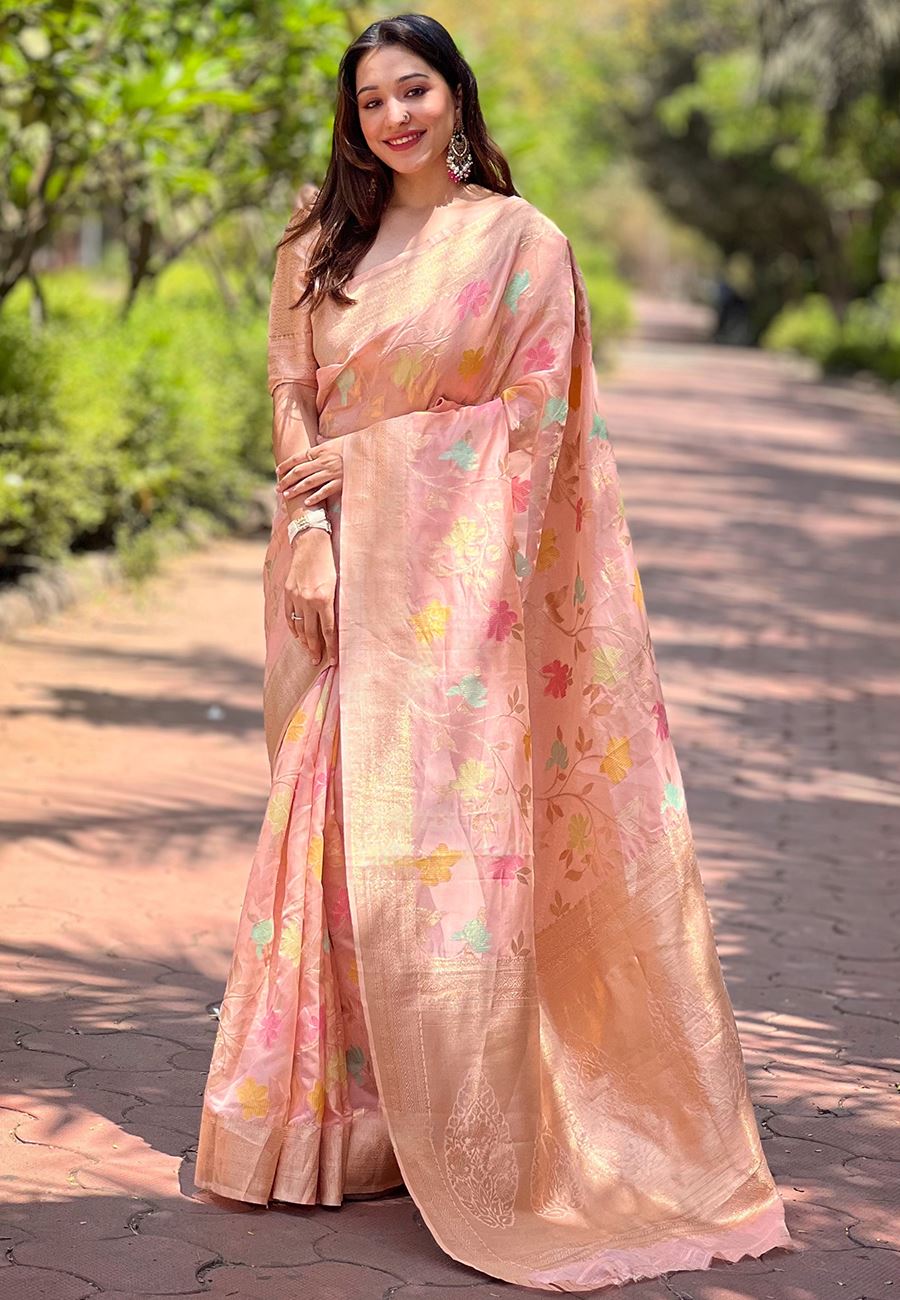 Pink Organza Saree With Woven Work
