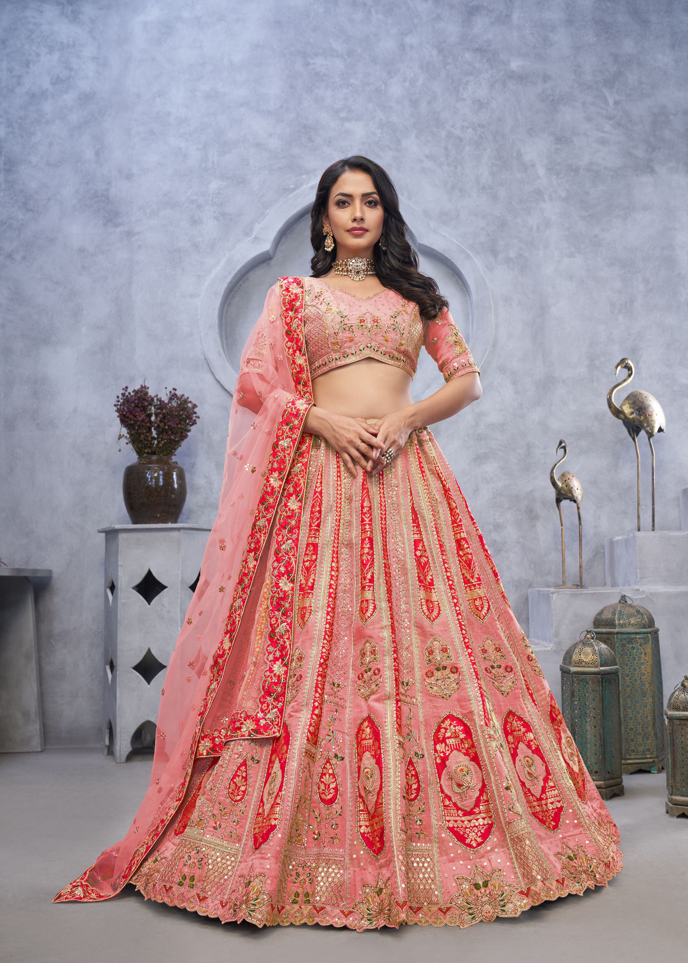 Pink Organza Silk Intricate Paisley Motifs Traditional Embroidered Wedding Lehenga Choli With Soft Net Dupatta
