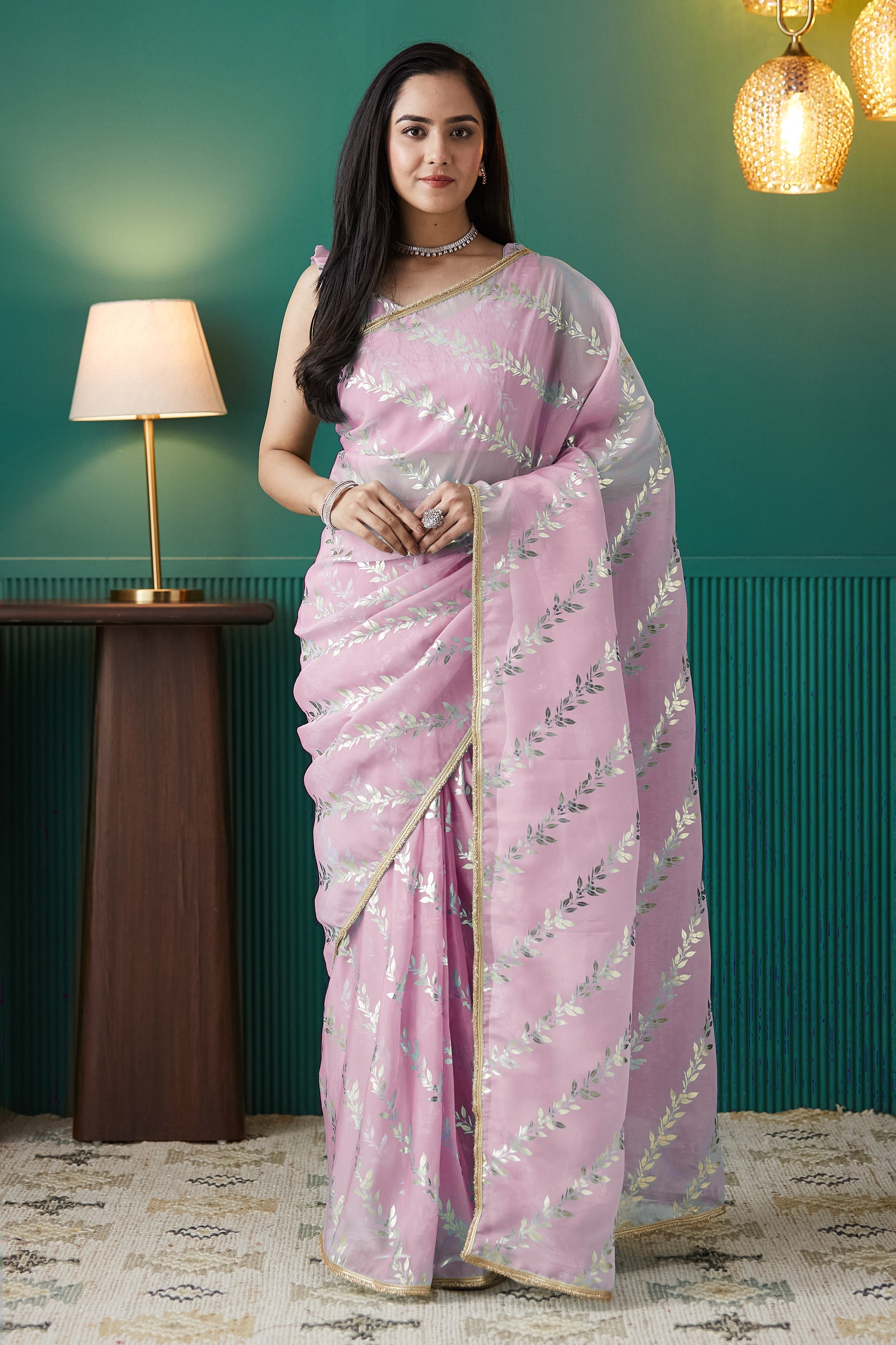 Pink Organza Solid Designer Foil Printed Saree