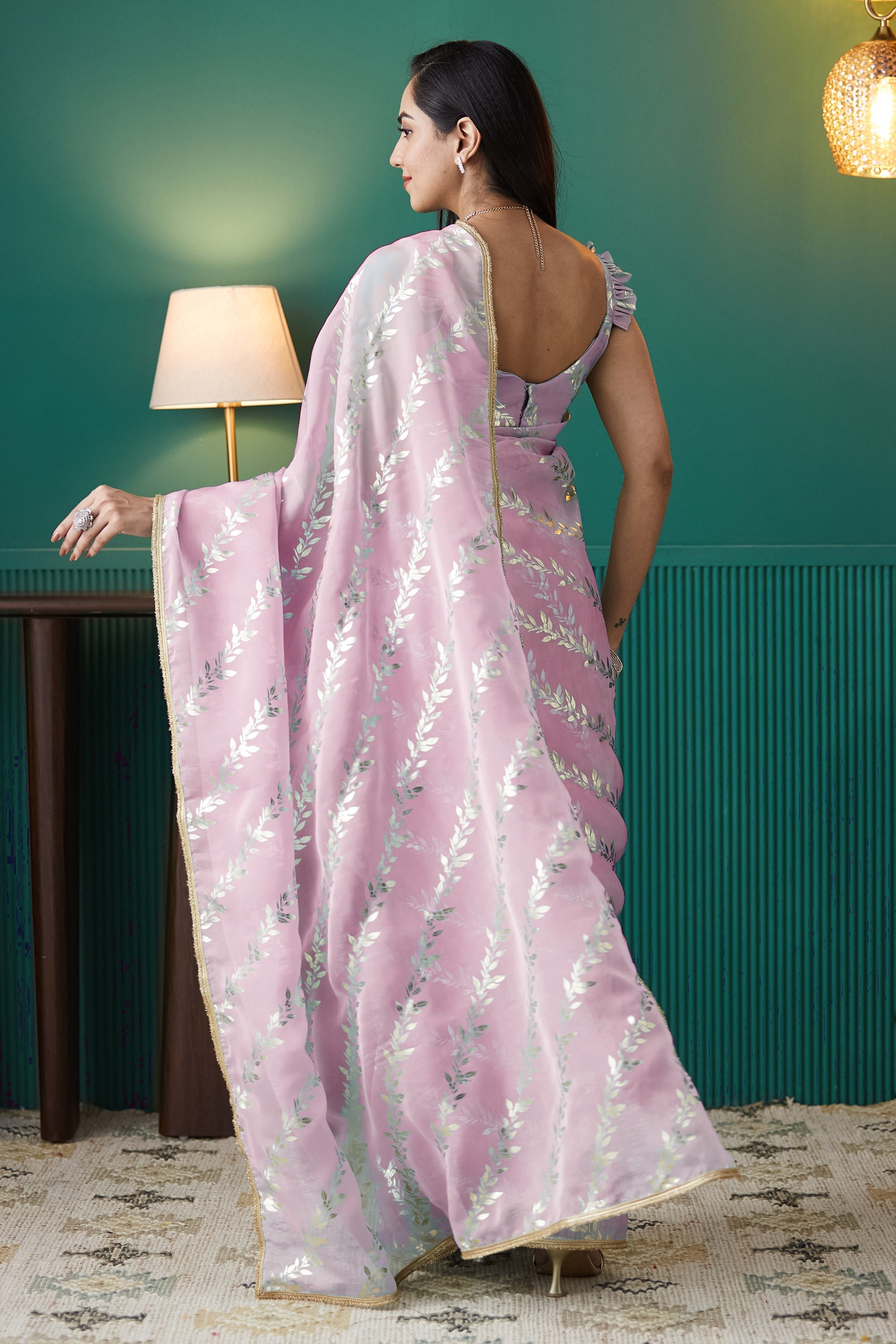 Pink Organza Solid Designer Foil Printed Saree