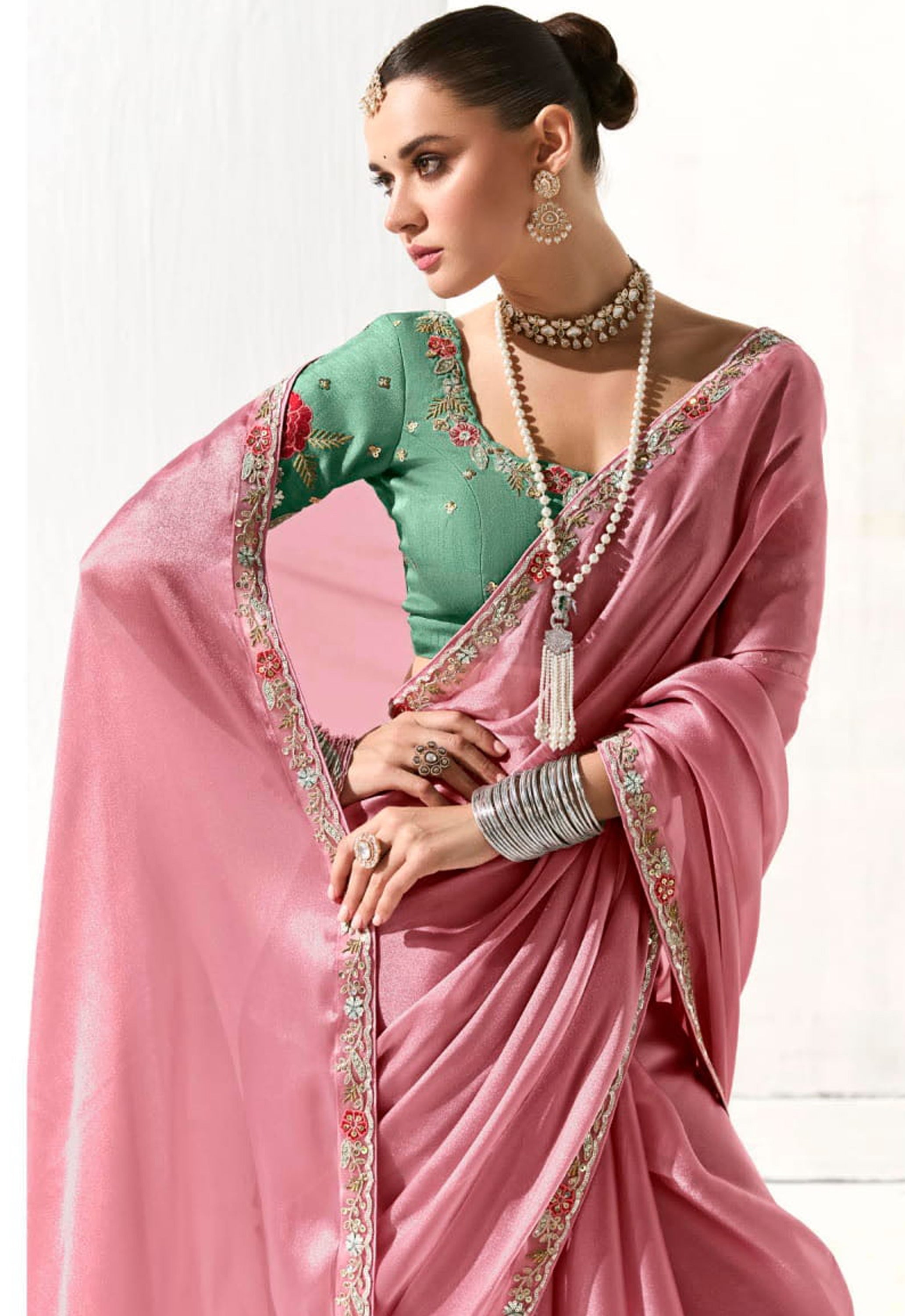Pink Organza Tissue Saree With Heavy Work Border With Embroidered Blouse
