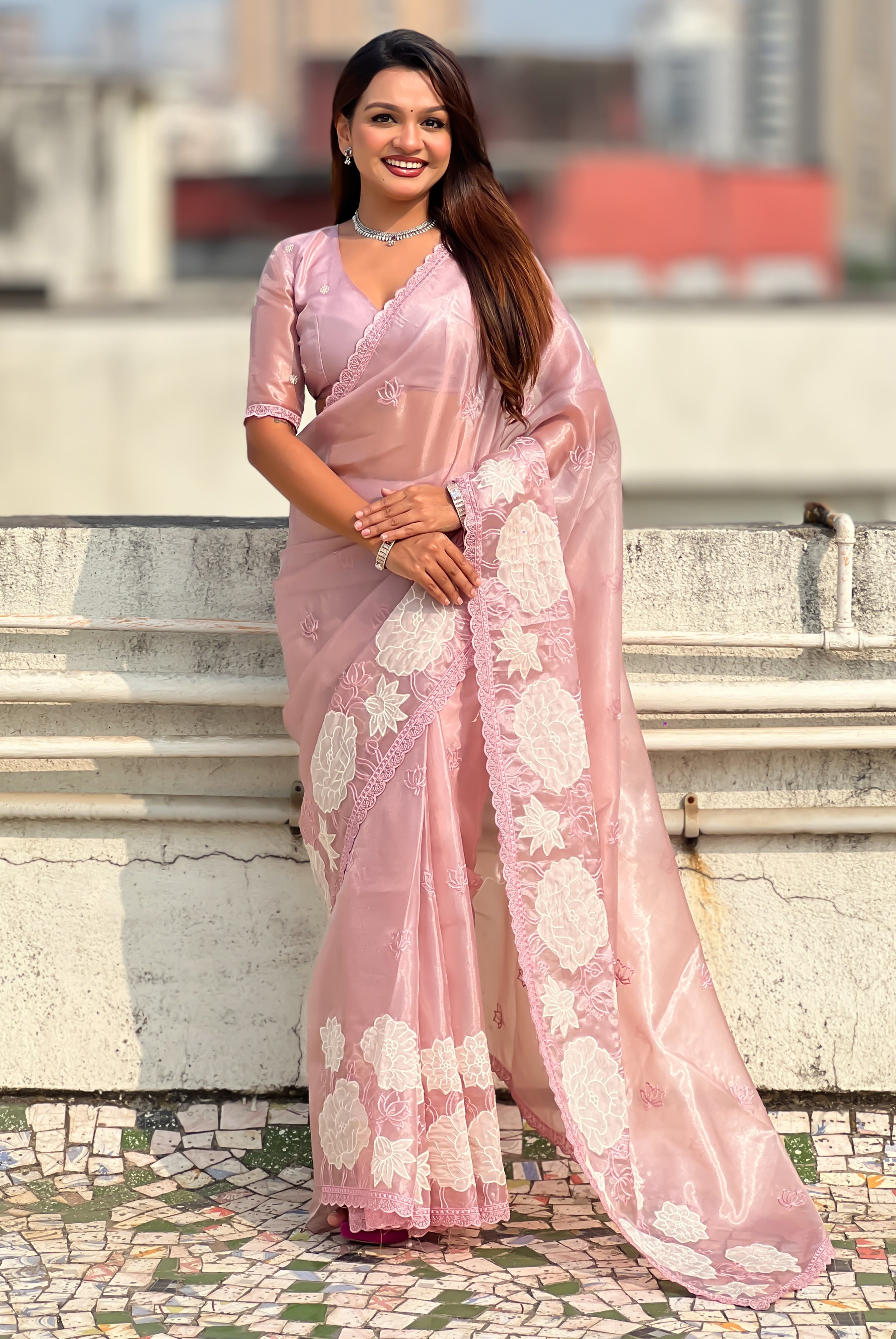 Pink Oris Silk Saree with Elegant Lotus Embroidery Design