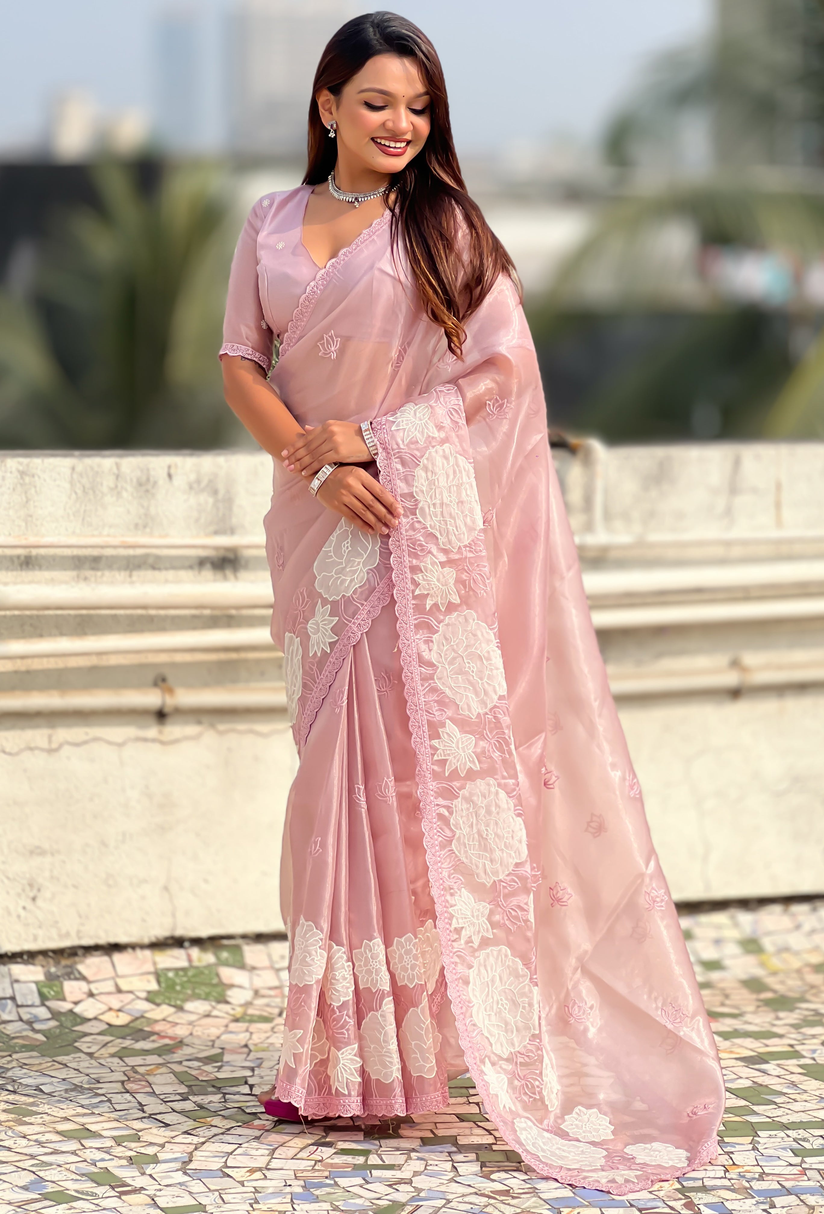 Pink Oris Silk Saree with Elegant Lotus Embroidery Design