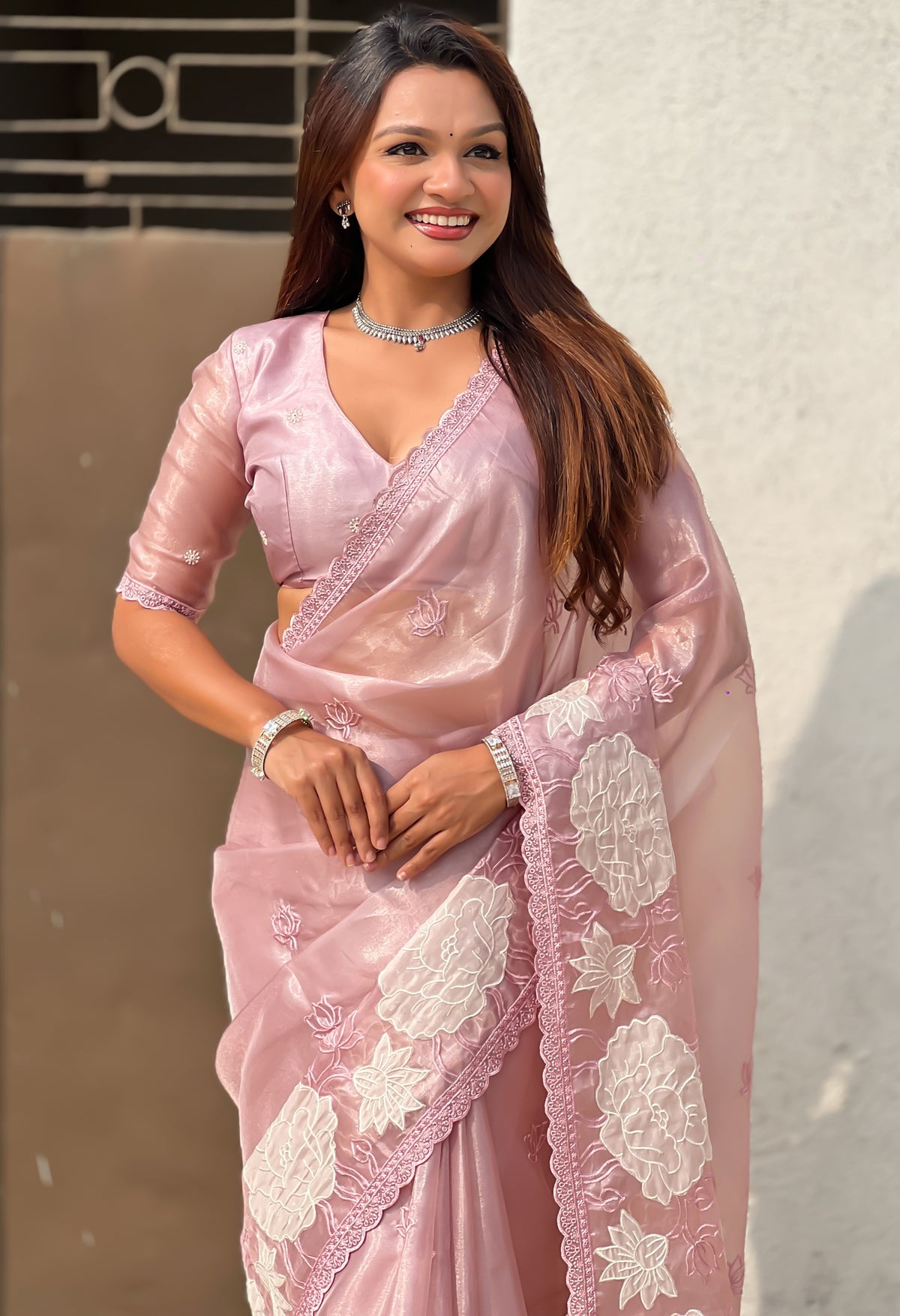 Pink Oris Silk Saree with Elegant Lotus Embroidery Design