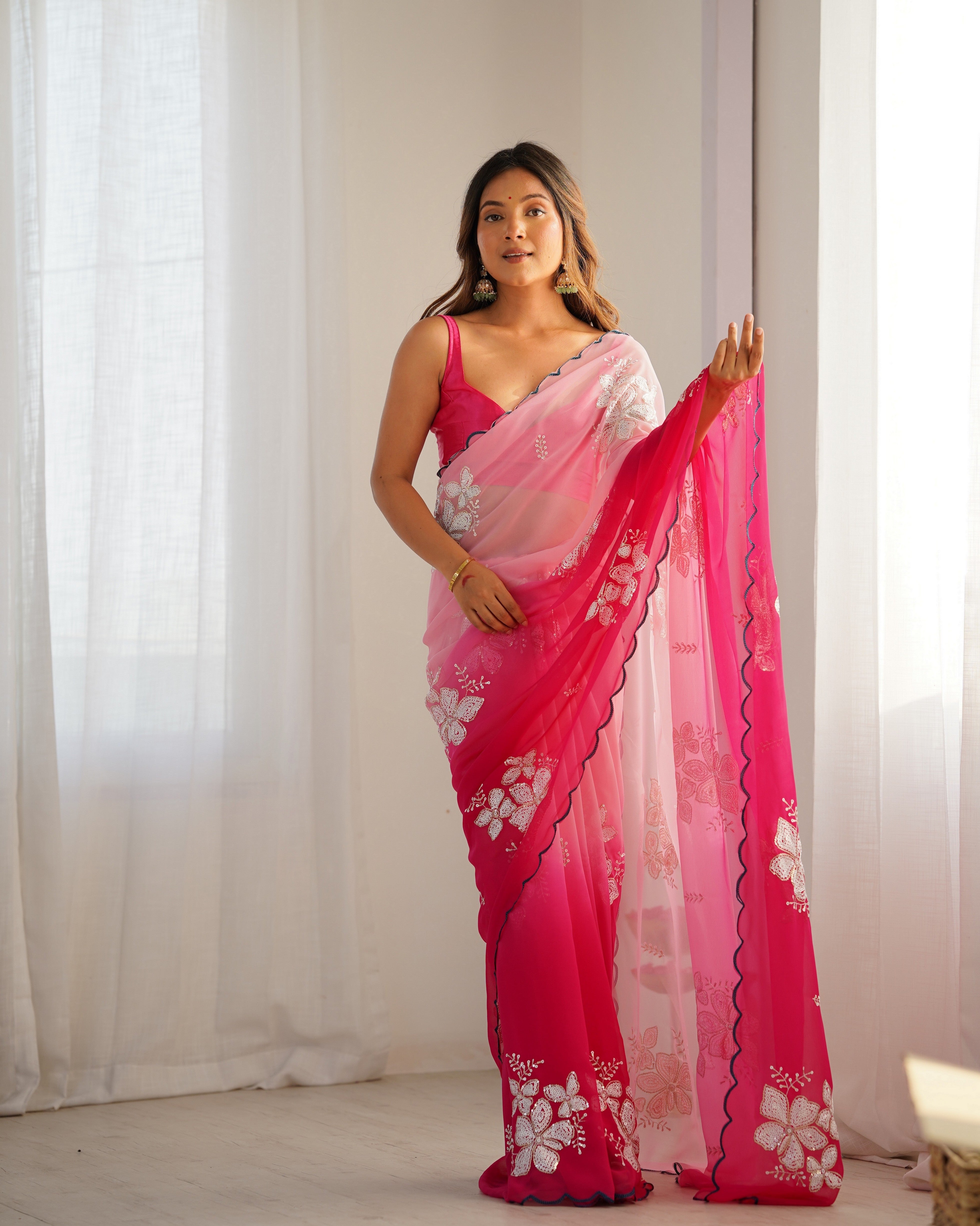 Pink Padding Georgette Sequins Embroidered Saree