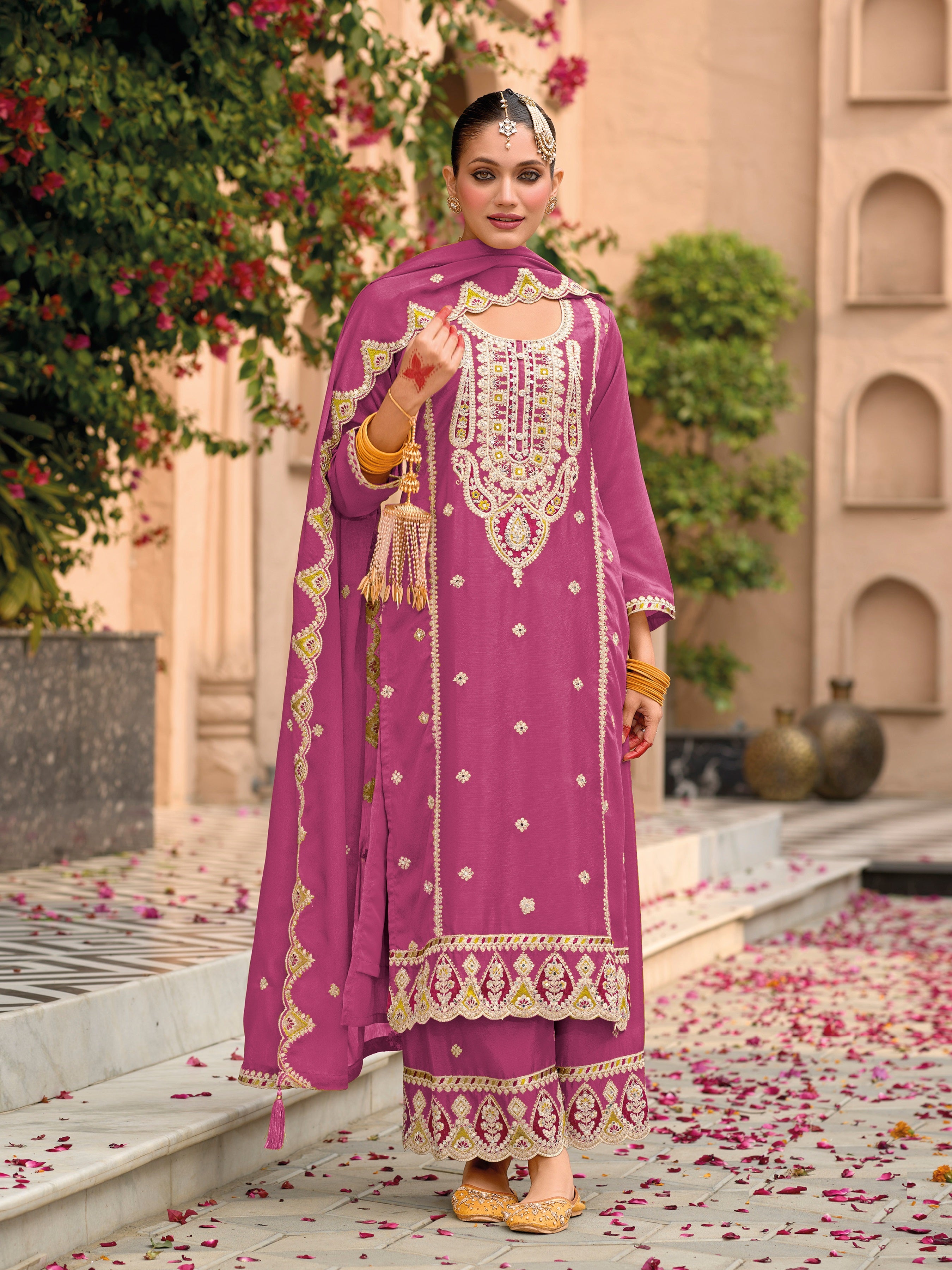 Pink Palazzo Style Salwar Suit With Heavy Embroidery Work