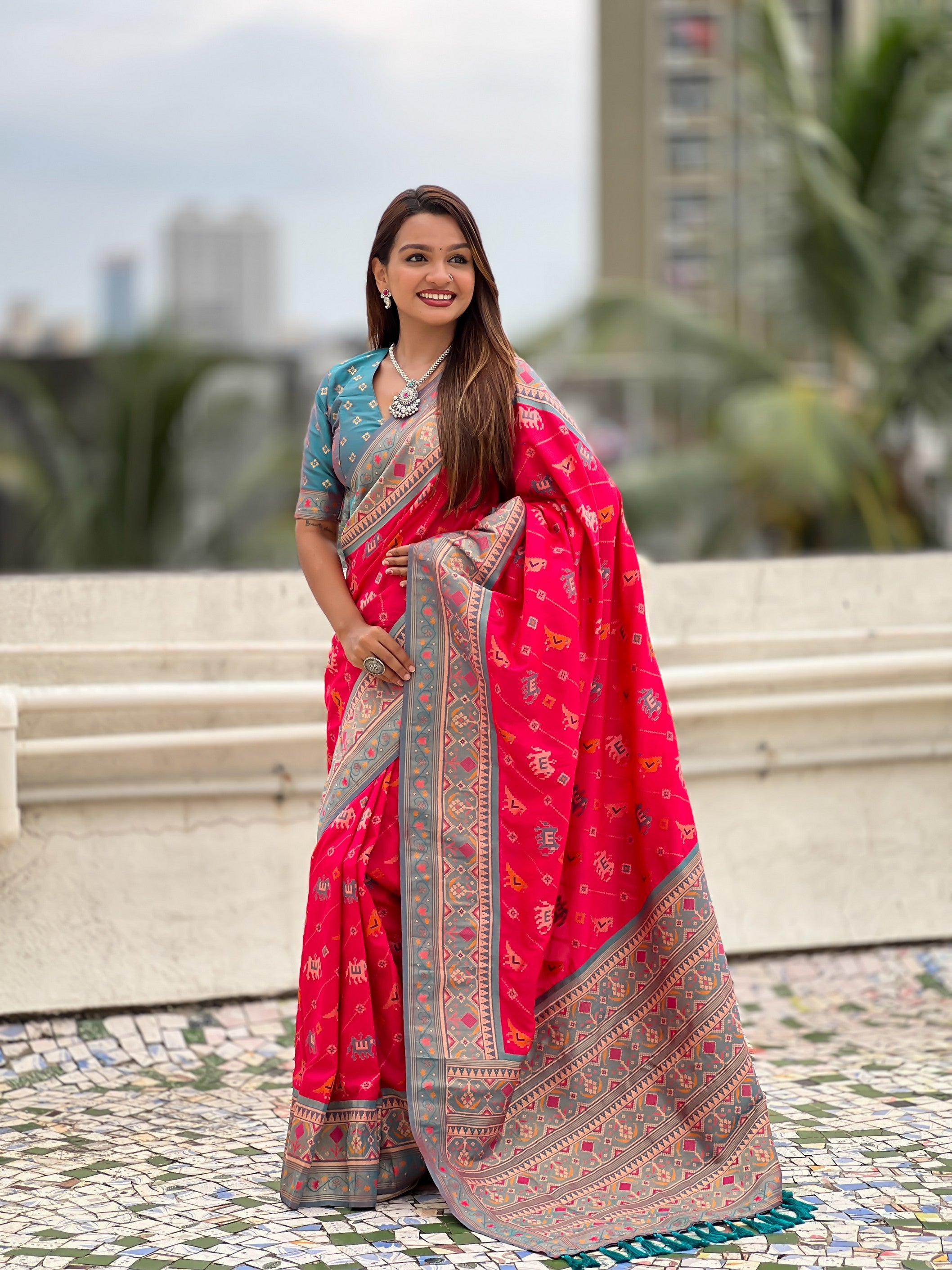 Pink Patola Silk Saree With Woven Meenakari Ikkat Designer For Festive Looks