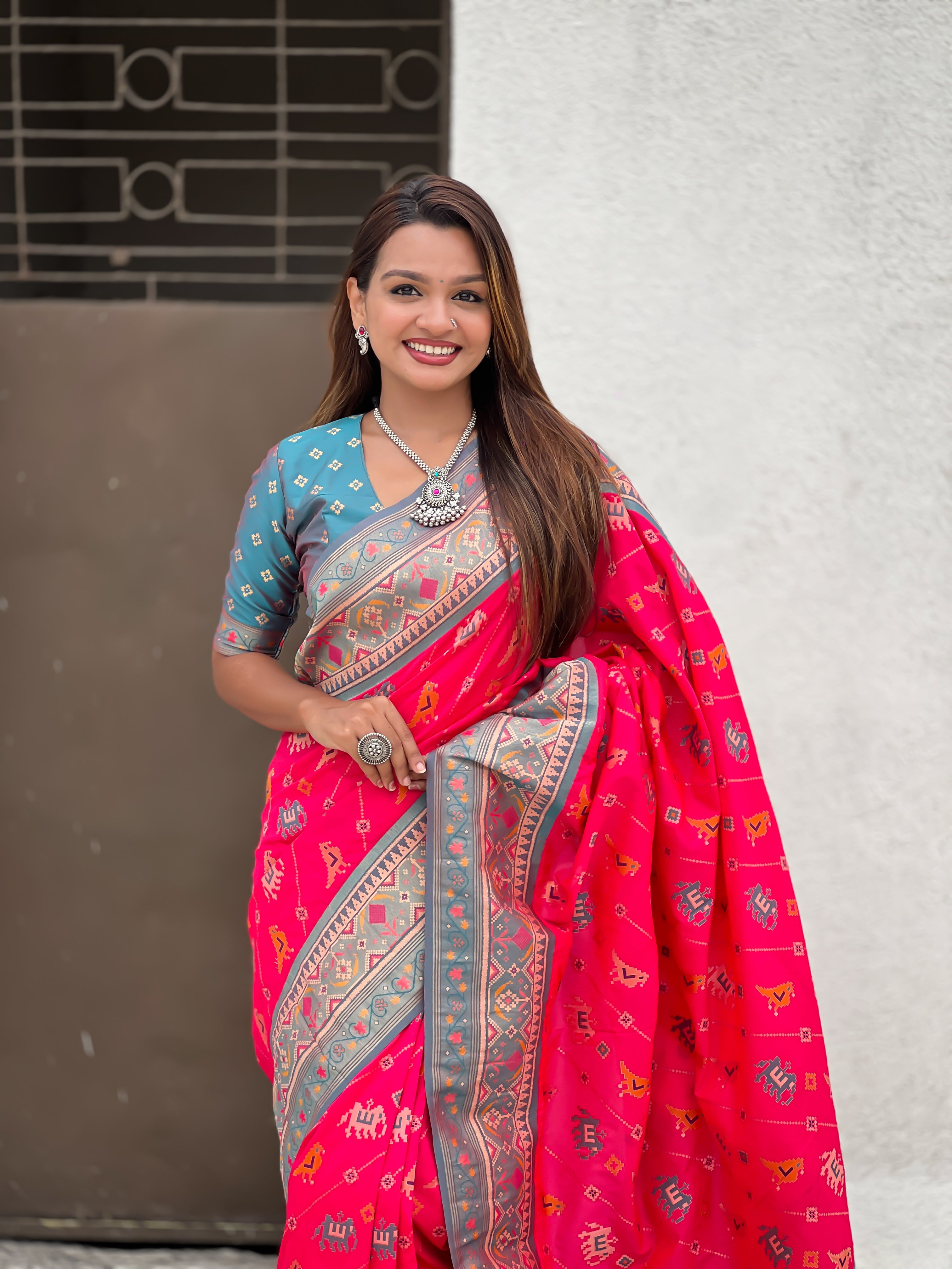 Pink Patola Silk Saree With Woven Meenakari Ikkat Designer For Festive Looks